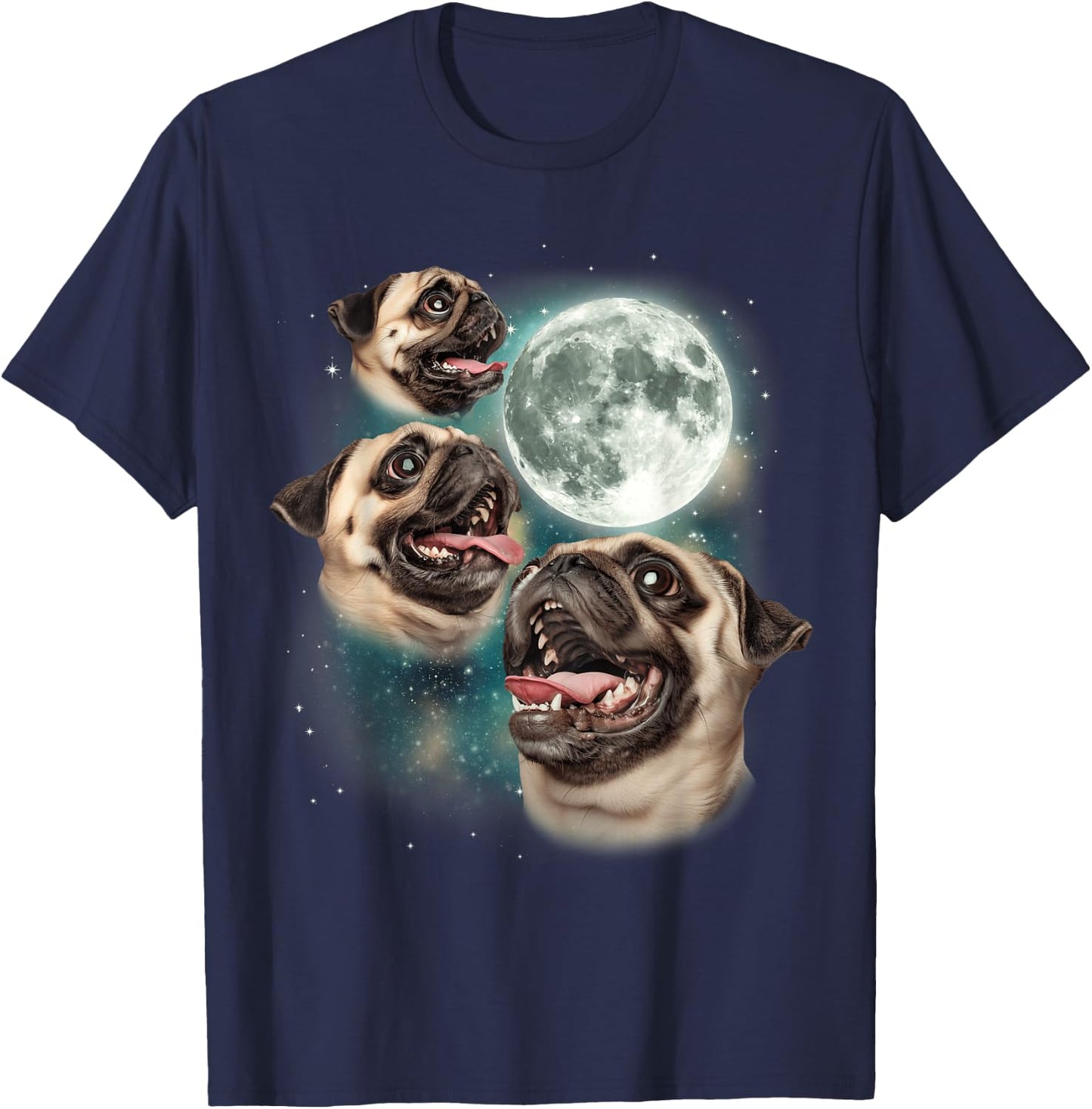 Three Pug Moon | 3 Pug Howling Funny Cute Dog Lover T-Shirt - T-Shirt | Navy