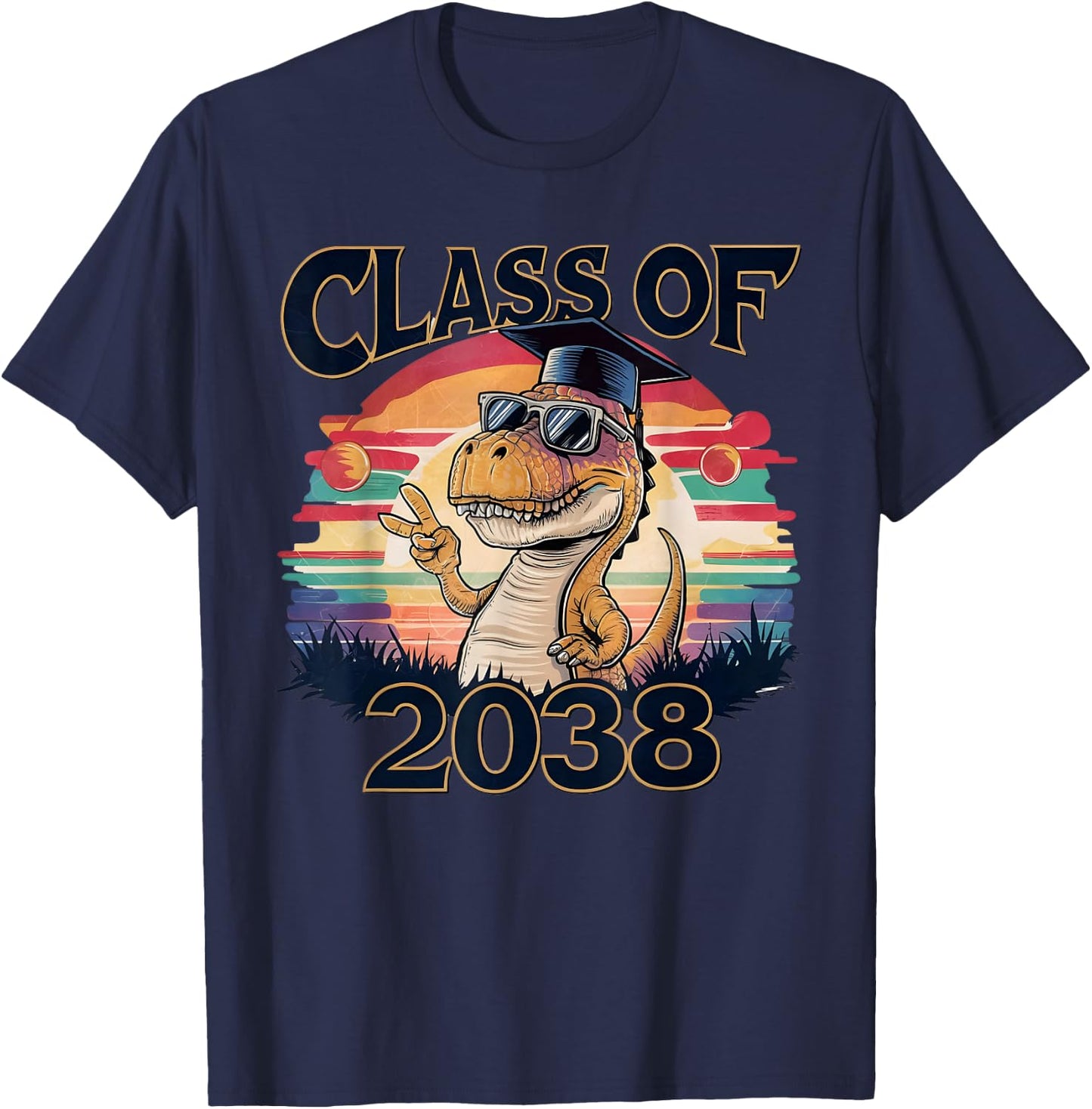 Class of 2038 Dinosaur Peace sign hand Graduation retro T-Shirt - T-Shirt | Navy