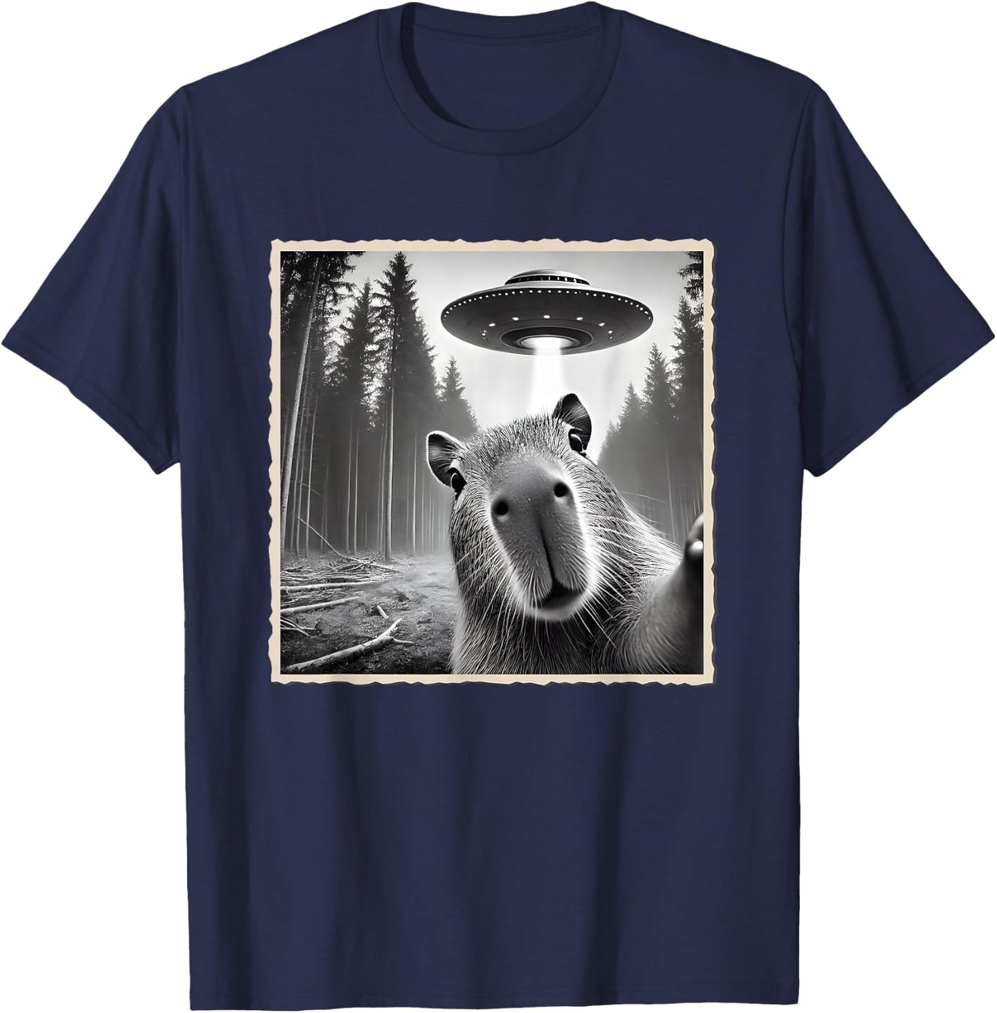 Funny Capybara Selfie With UFO | Capybara T-Shirt - T-Shirt | Navy
