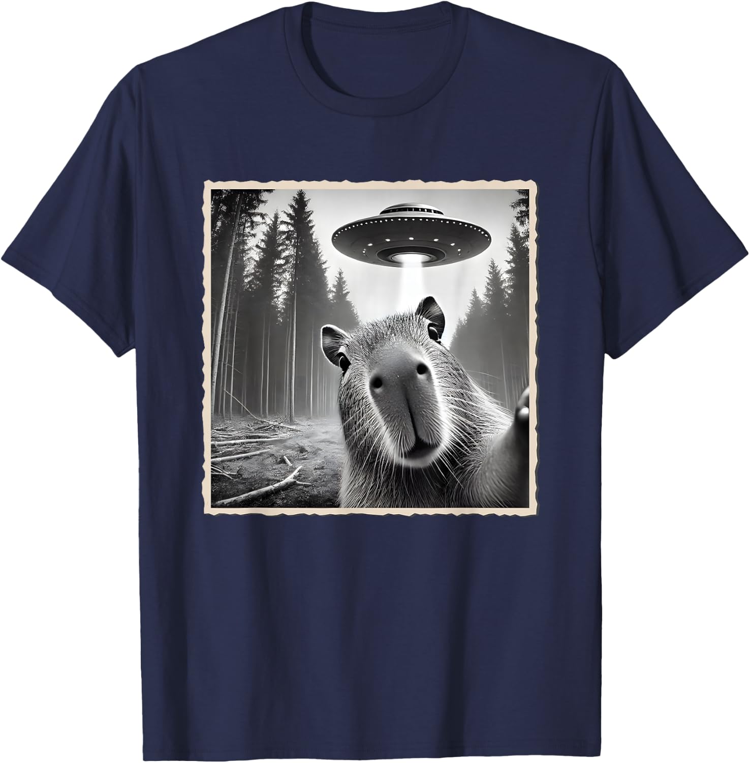 Funny Capybara Selfie With UFO | Capybara T-Shirt - T-Shirt | Navy