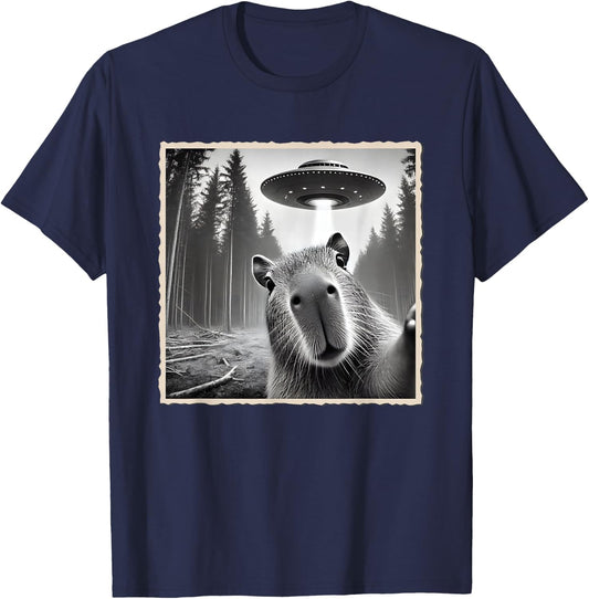 Funny Capybara Selfie With UFO | Capybara T-Shirt - T-Shirt | Navy