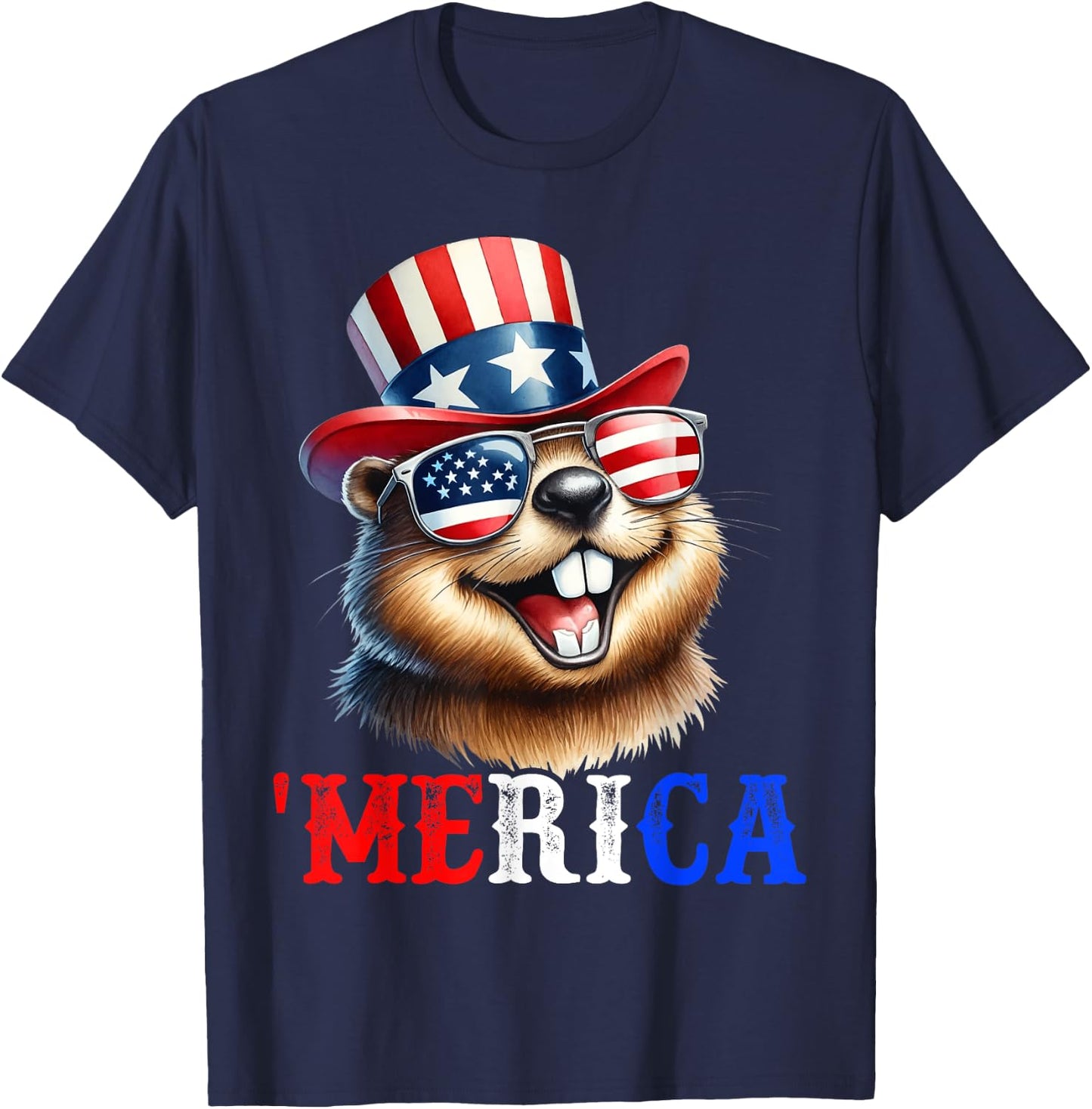 Merica North American Beaver Patriotic 4th of July Men Women T-Shirt - T-Shirt | Navy