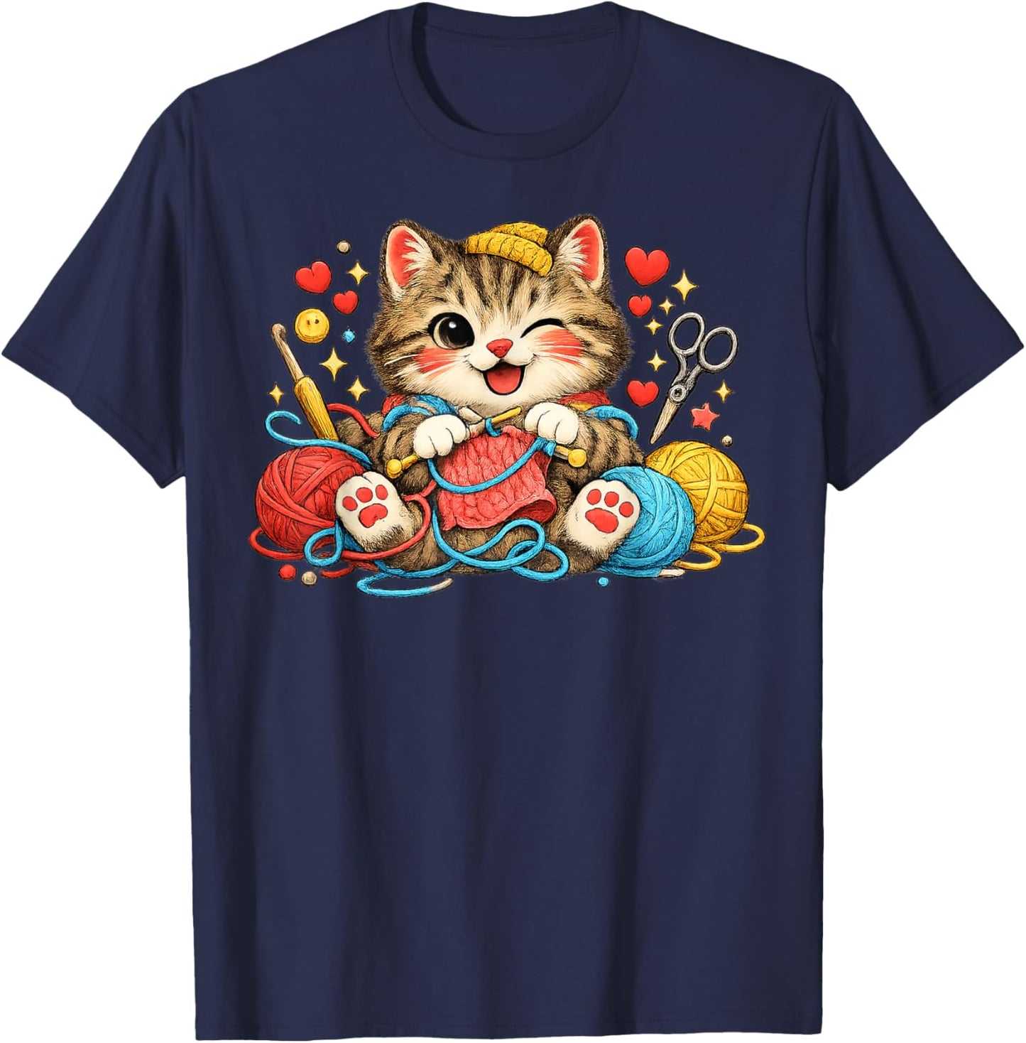Funny Knitting Cat Crochet Yarn Lover Cute Cat Design T-Shirt - T-Shirt | Navy