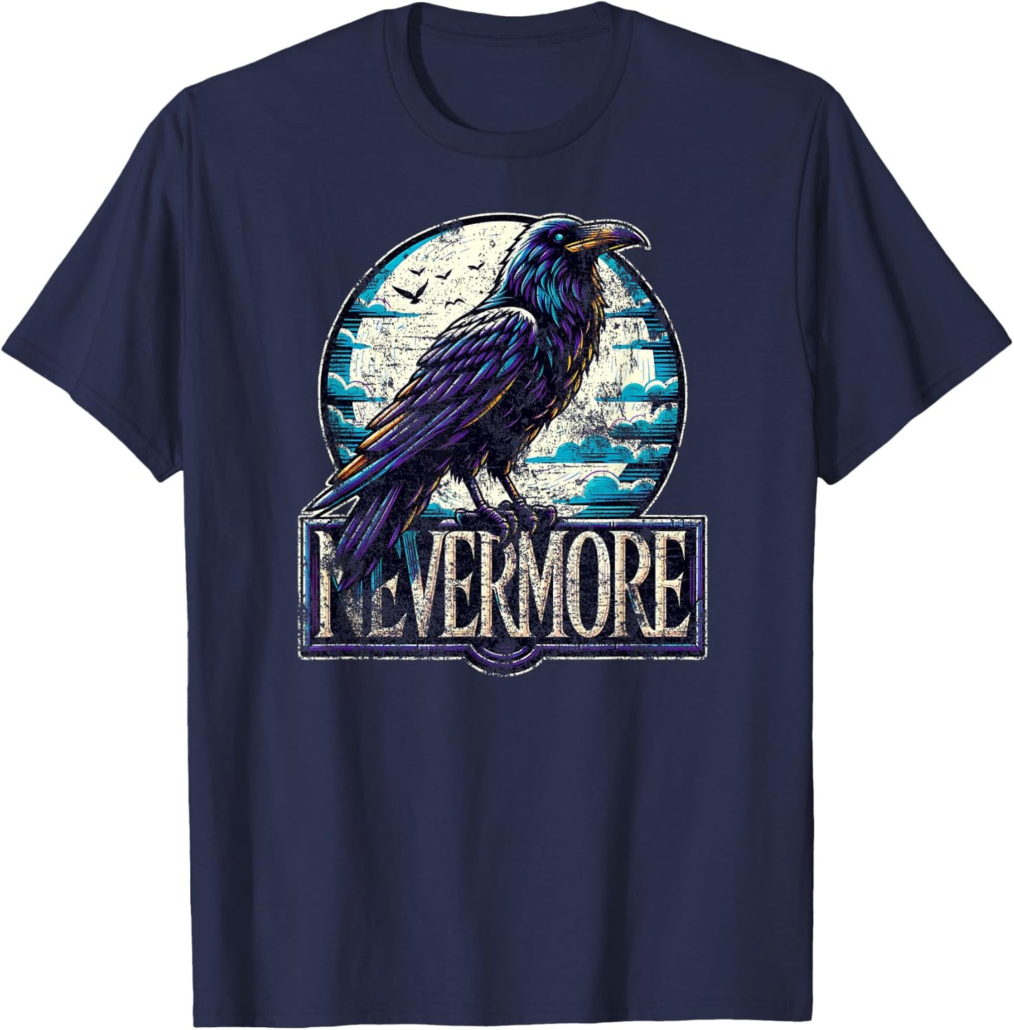 Nevermore with Raven Edgar Allan Poe Distressed T-Shirt - T-Shirt | Navy