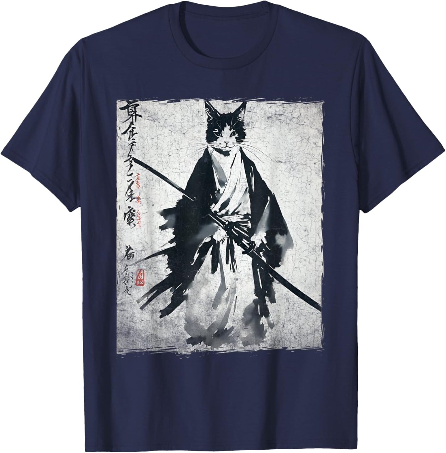 Samurai Cat Ukiyo-e Warrior Art Vintage Ninja Cat Graphic T-Shirt - T-Shirt | Navy