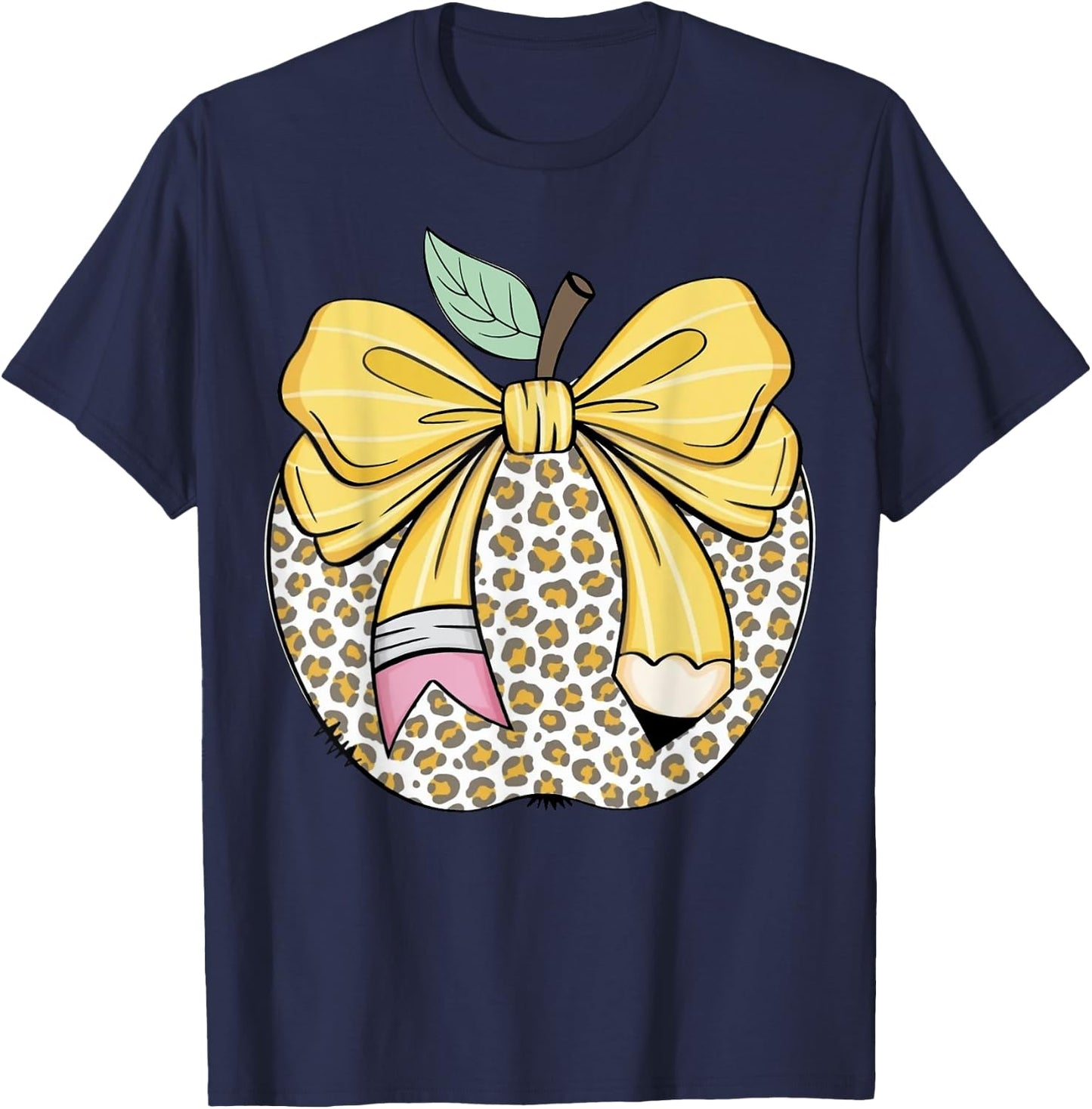 Teacher Coquette Pencil Bow And Apple Teacher T-Shirt - T-Shirt | Navy