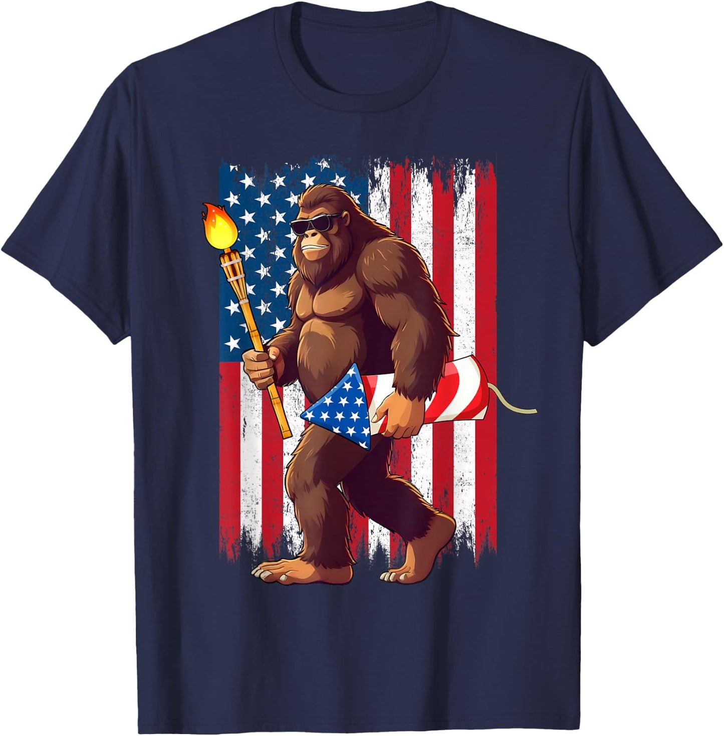 Bigfoot Fireworks 4th of July Sasquatch American US Flag Men T-Shirt - T-Shirt | Navy