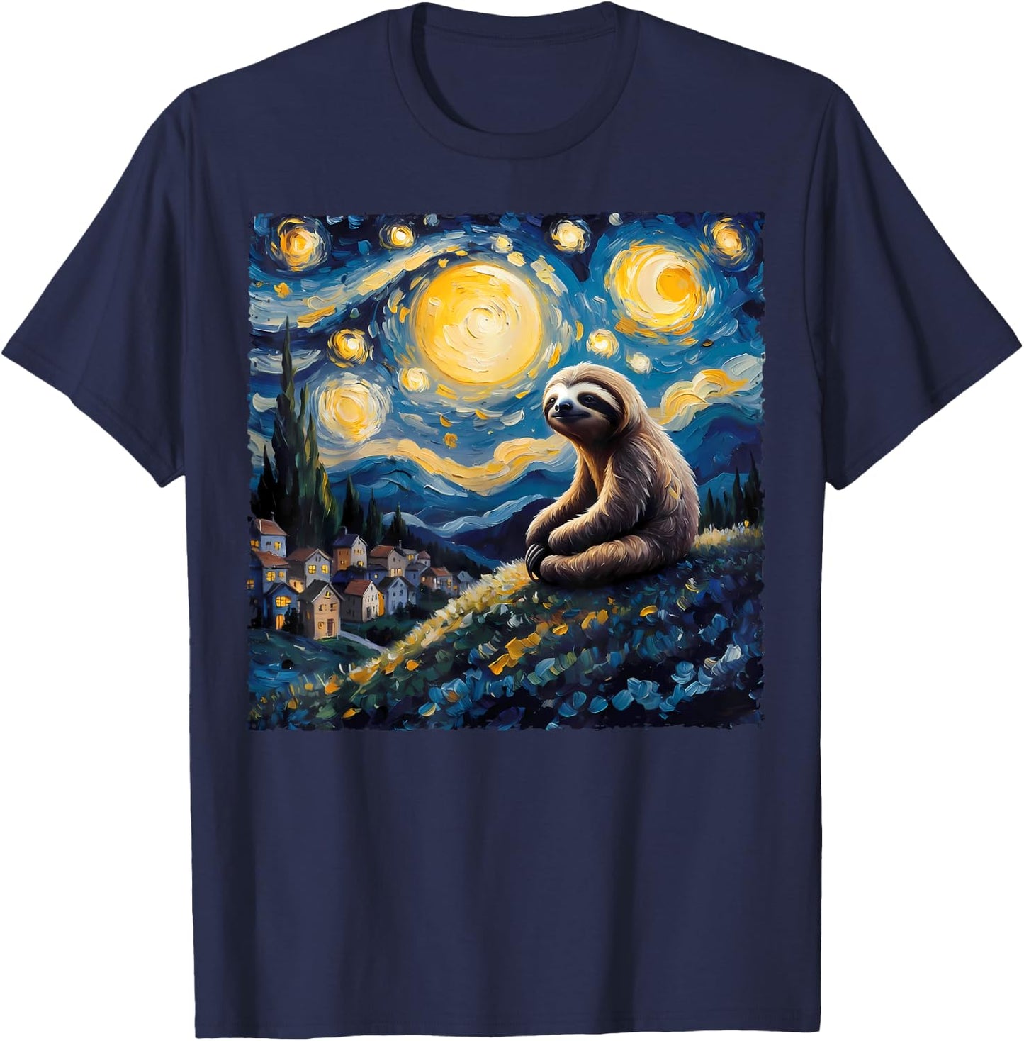 Van Gogh Style Funny Sloth Lover The Starry Night Painting T-Shirt - T-Shirt | Navy