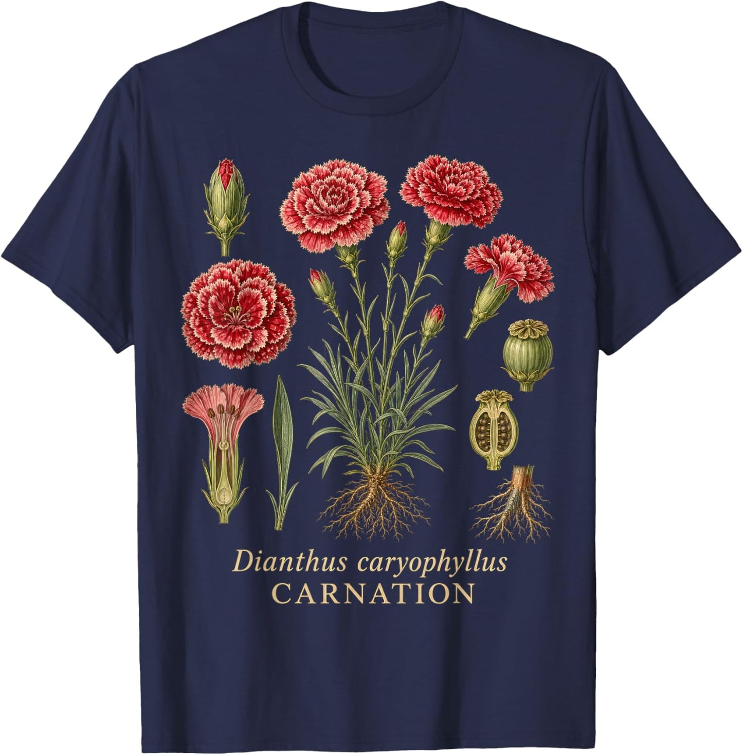 Carnation Botanical Flower Vintage Style T-Shirt - T-Shirt | Navy