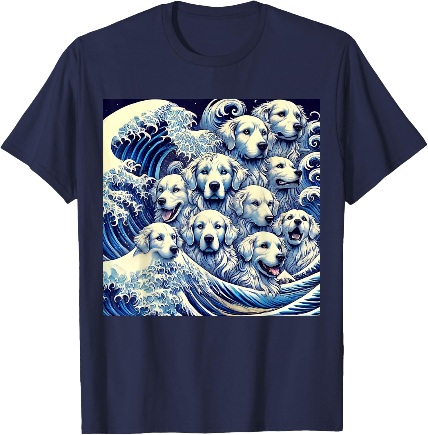 Blue Dogs Wave Japanese Art Women Men Kids Anime Graphic T-Shirt - T-Shirt | Navy