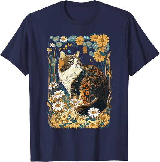 Cute Cottagecore Aesthetic Cat Flowers Butterflies Cat Mom Men Women Kids T-Shirt - T-Shirt | Navy