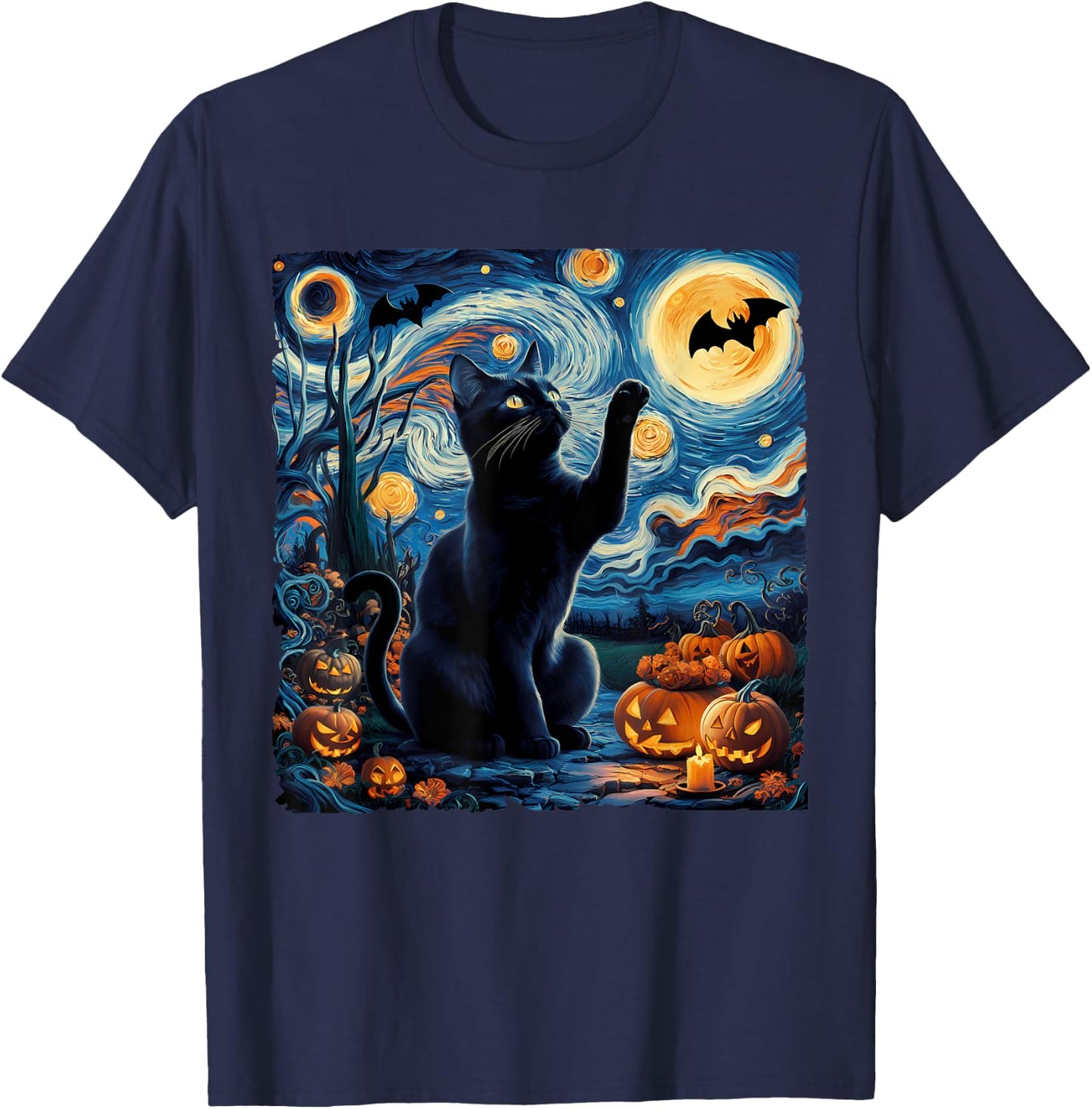 Halloween Van Gogh' Starry Night Black Cat Pumpkins Bats Women Kids T-Shirt - T-Shirt | Navy