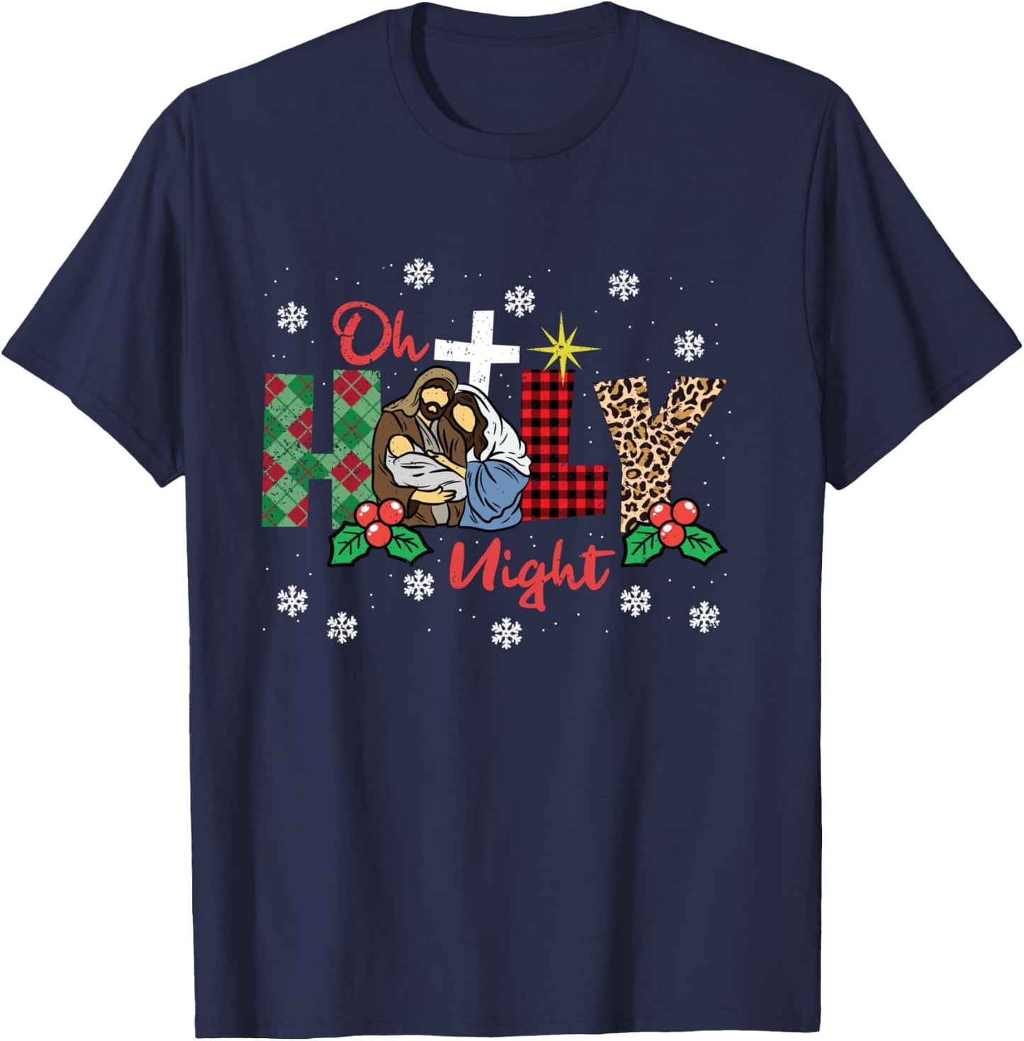 Oh Holy Night Christmas Pajama X-Mas Plaid Christian T-Shirt - T-Shirt | Navy