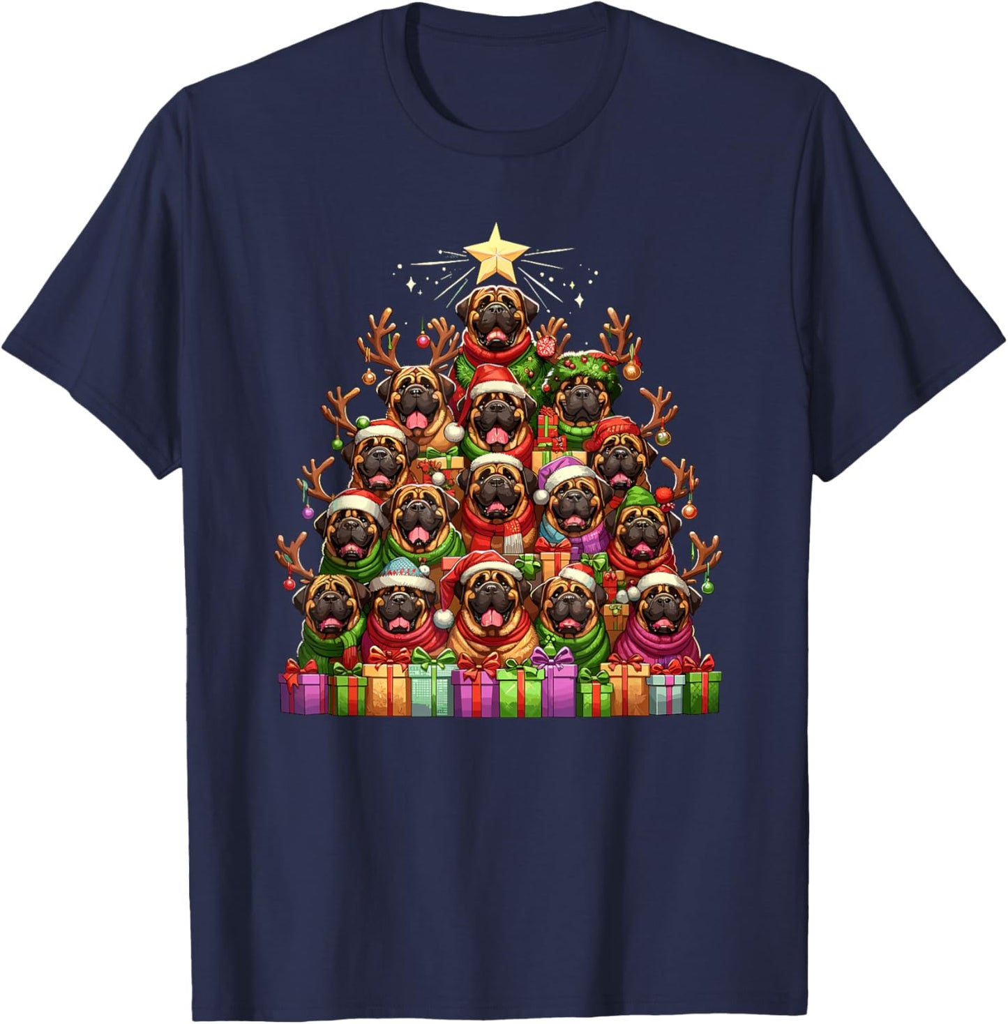 Christmas Tree English Mastiff T-Shirt - T-Shirt | Navy