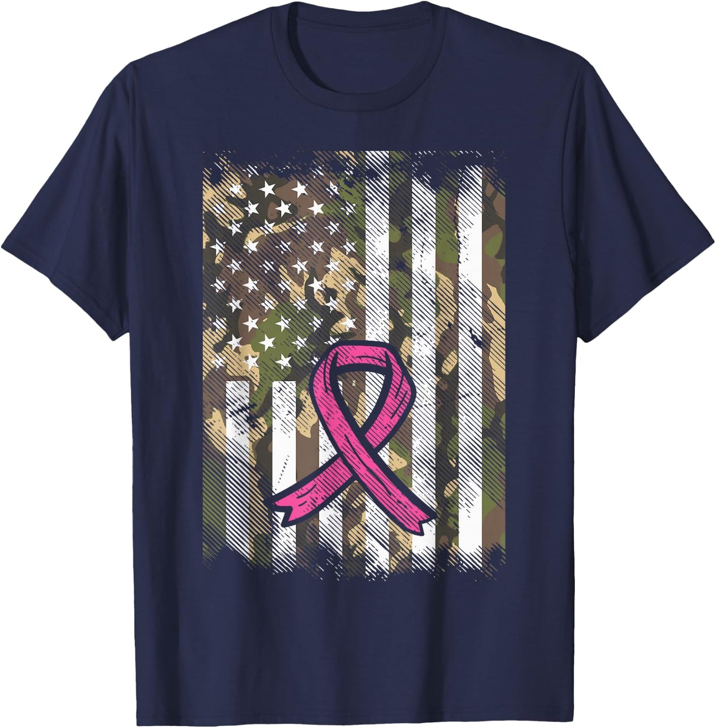 Camo Flag Pink Ribbon Breast Cancer Awareness Patriotic T-Shirt - T-Shirt | Navy