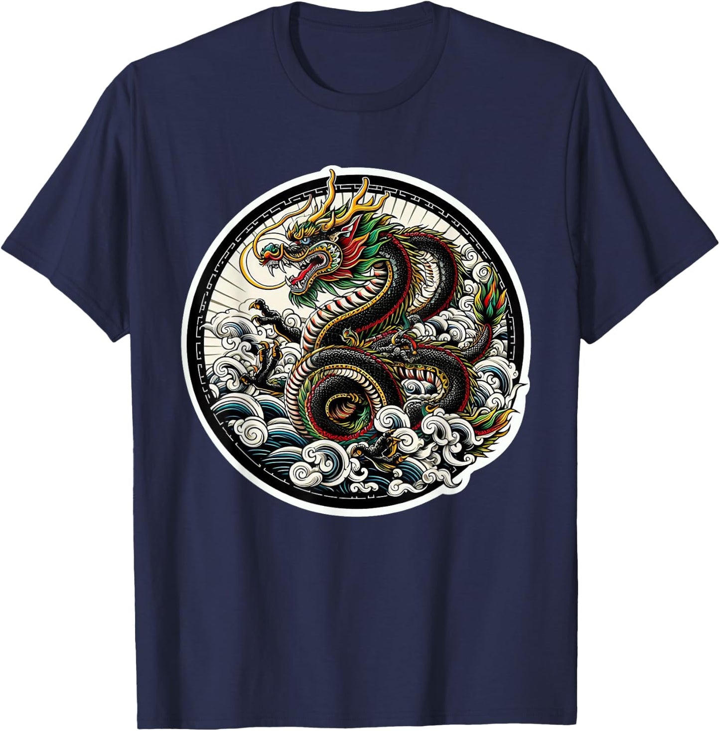 xDevery Asian Dragon Green Lucky Tattoo Design Colourful Vivid , Small, Black T-Shirt - T-Shirt | Navy