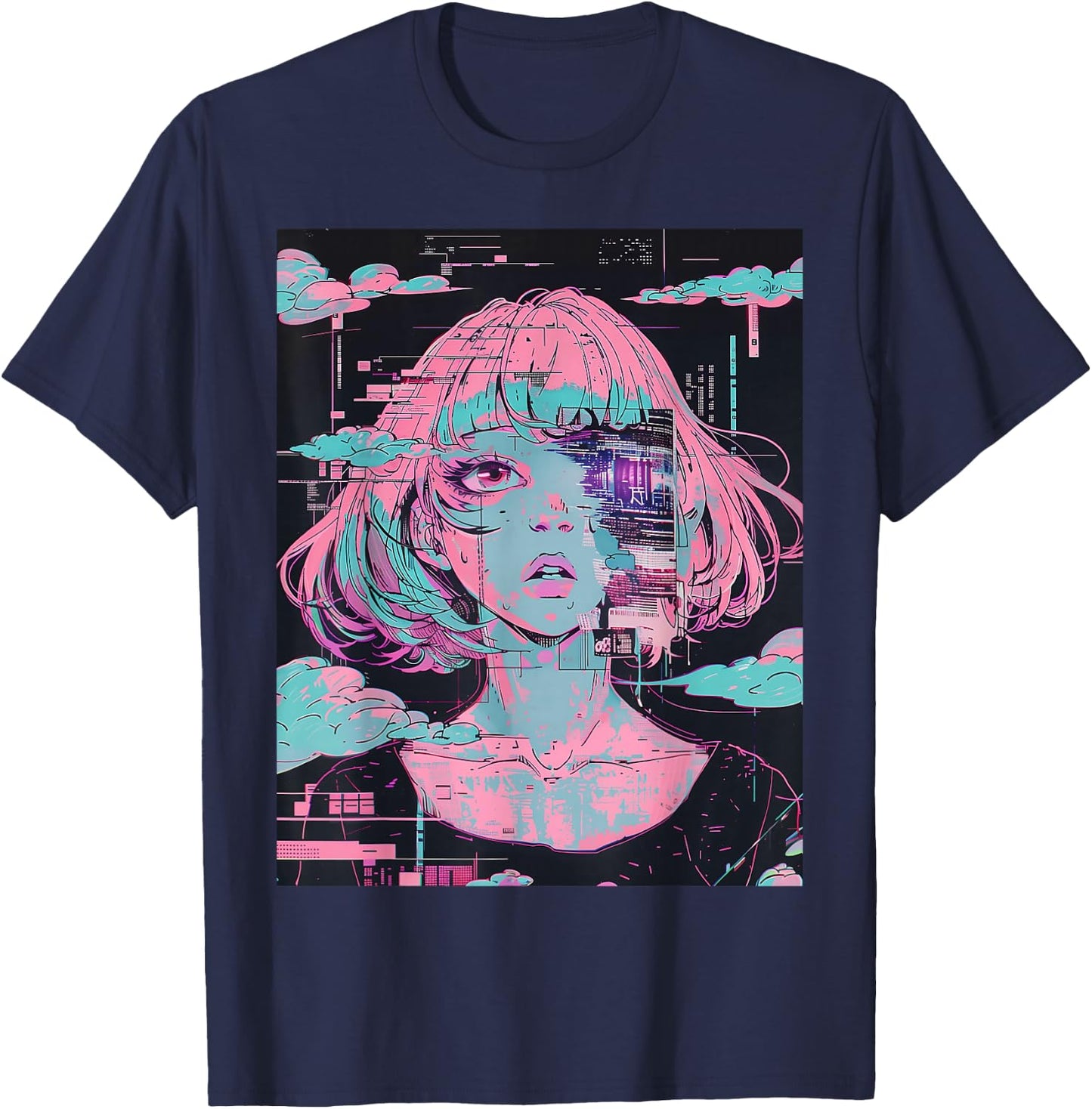 Anime Girl Vaporwave Glitchcore Pastel Goth Distressed T-Shirt - T-Shirt | Navy