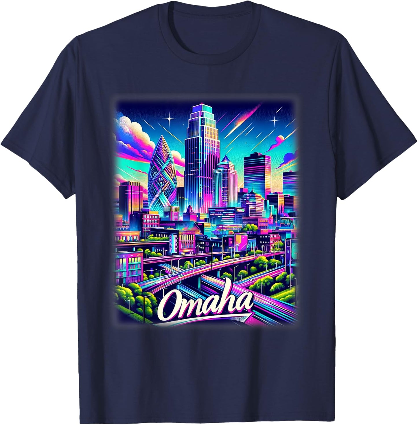 Omaha Nebraska Shirt Family Trip 80s 90s Retro City Skyline T-Shirt - T-Shirt | Navy