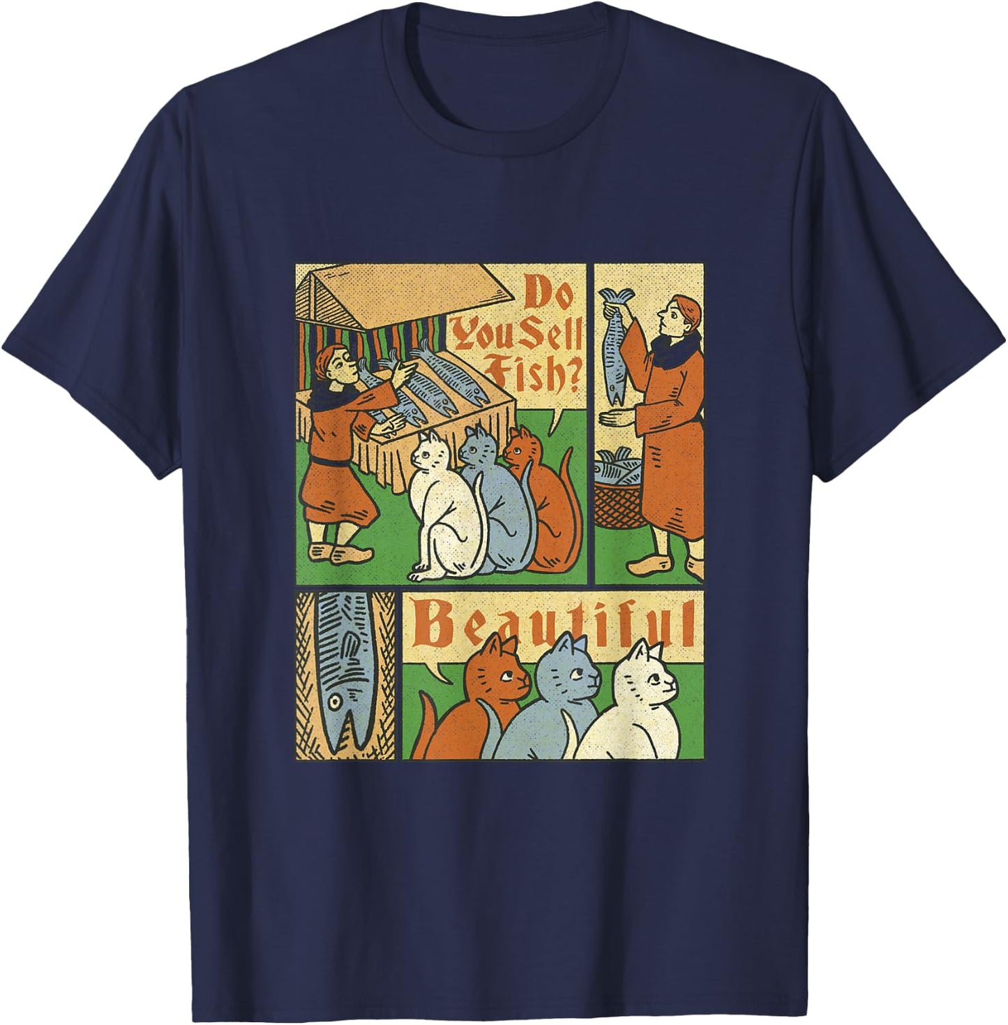 Medieval Cats Asking For Fish T-Shirt - T-Shirt | Navy