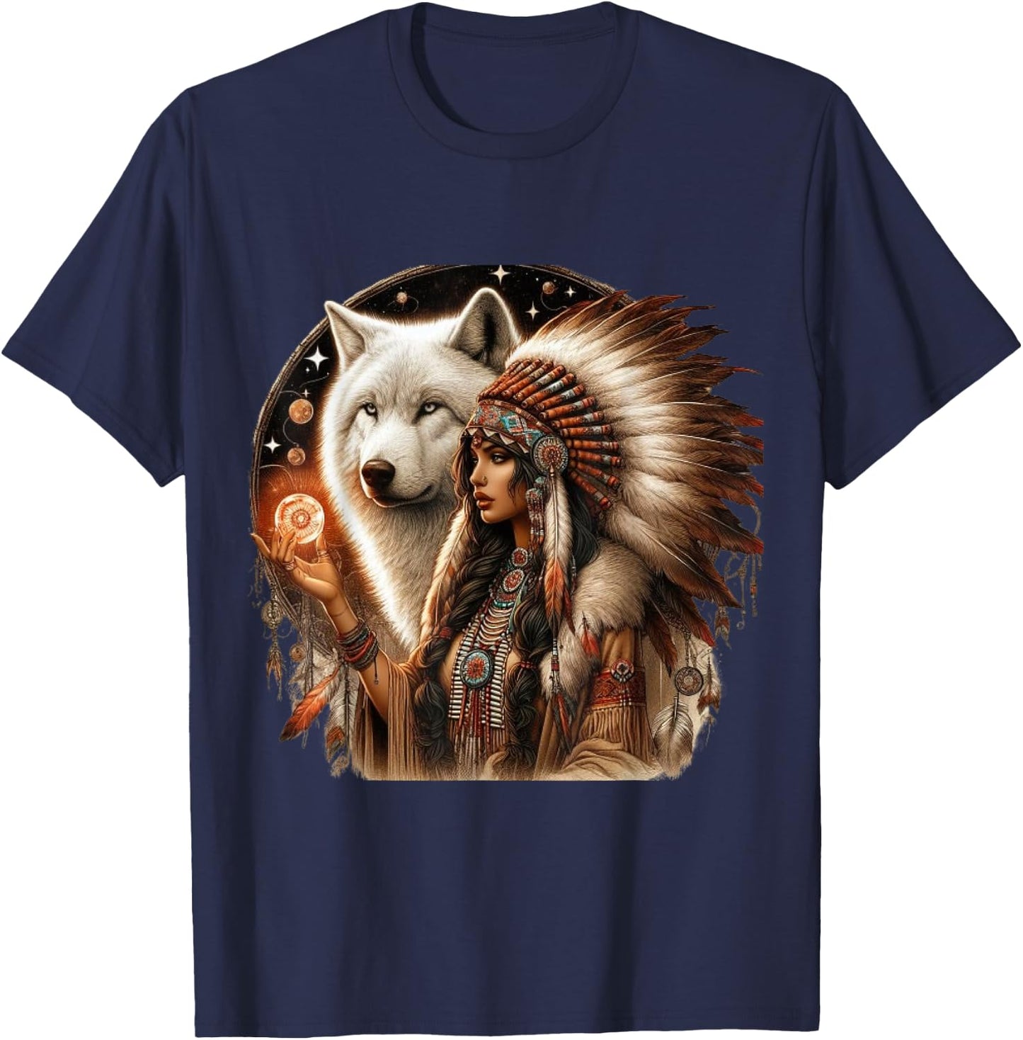 Indian Native American Woman With White Wolf Vitage Gifts T-Shirt - T-Shirt | Navy