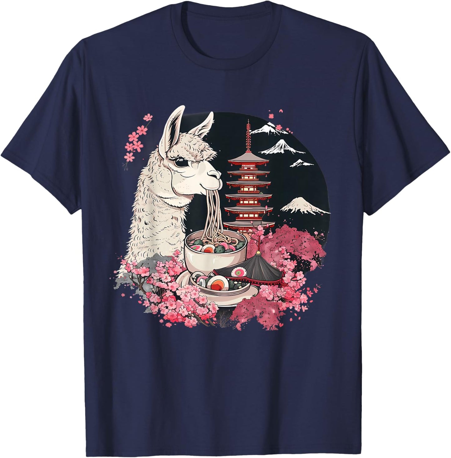 Llama Ramen Mount Fuji Sakura Pagoda Llamen Ramen Noodles T-Shirt - T-Shirt | Navy