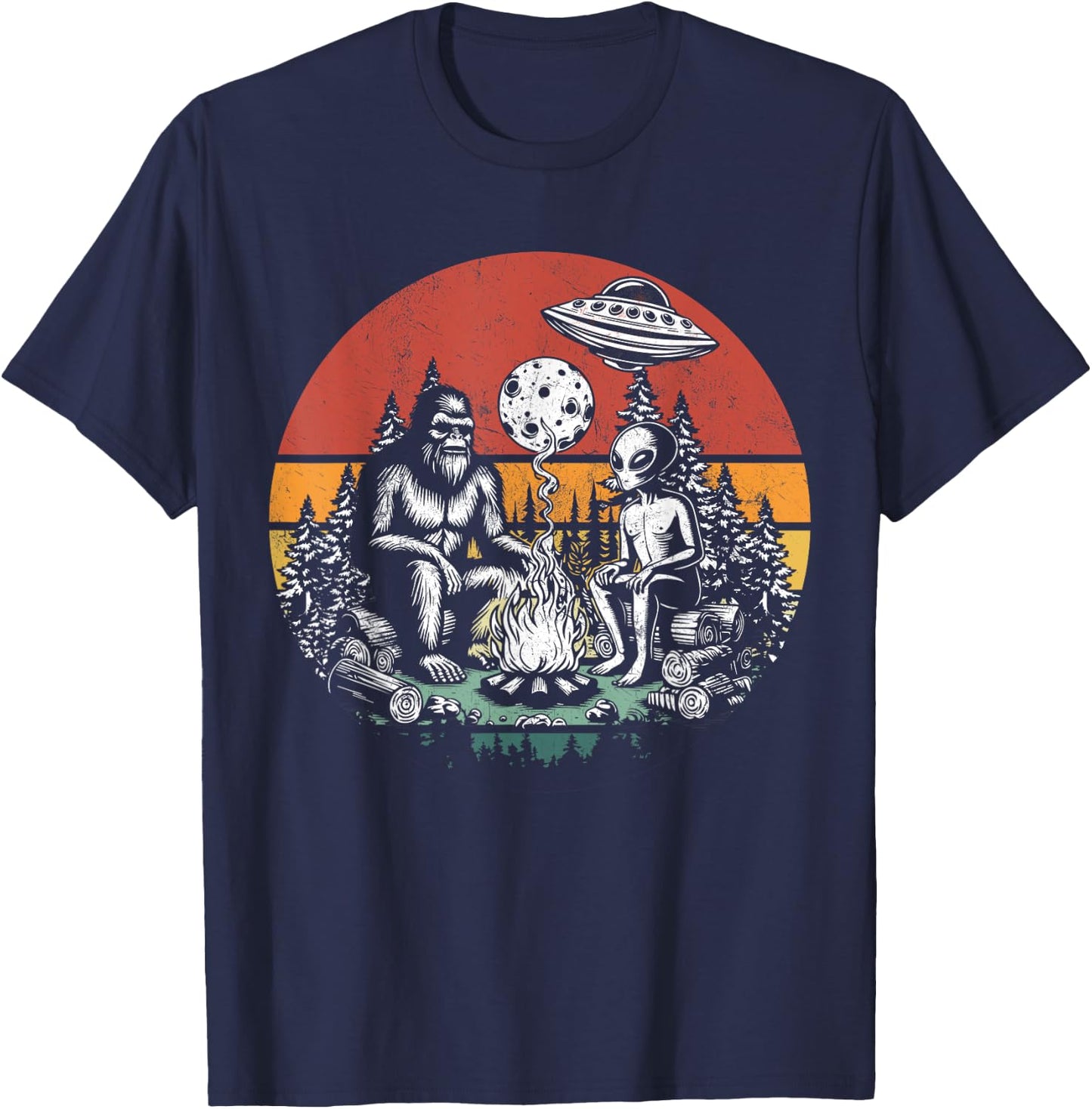 Outdoor Camping UFO Funny Retro Bigfoot And Alien Campfire T-Shirt - T-Shirt | Navy