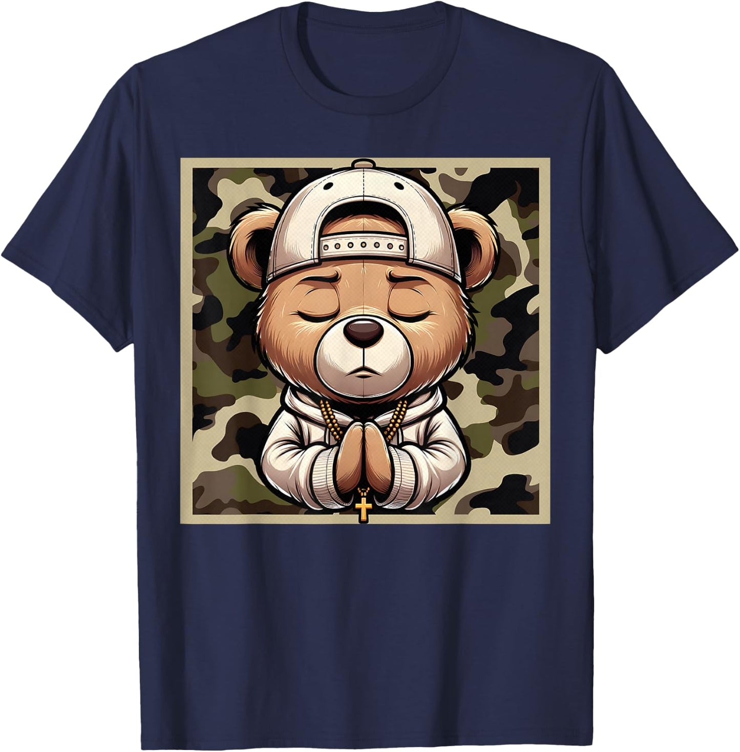 Camo Hip Hop Teddy Bear Praying Christian Streetwear Church T-Shirt - T-Shirt | Navy
