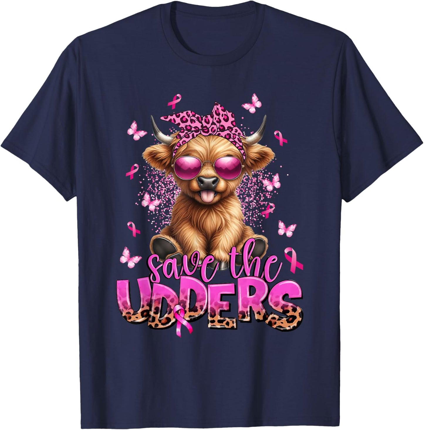 Save The Udders Breast Cancer Awareness Warrior Highland Cow T-Shirt - T-Shirt | Navy