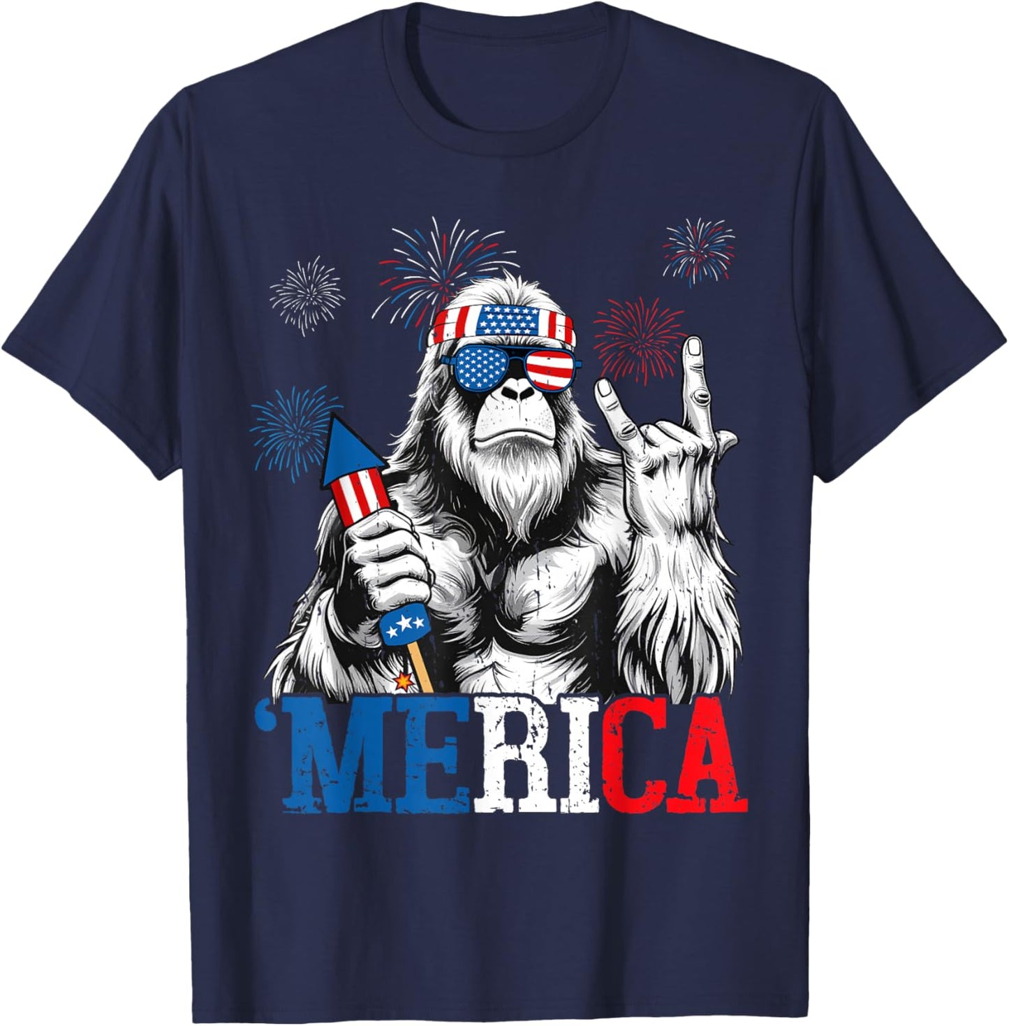Bigfoot Merica 4th Of July Funny Boys Men Sasquatch Lover T-Shirt - T-Shirt | Navy