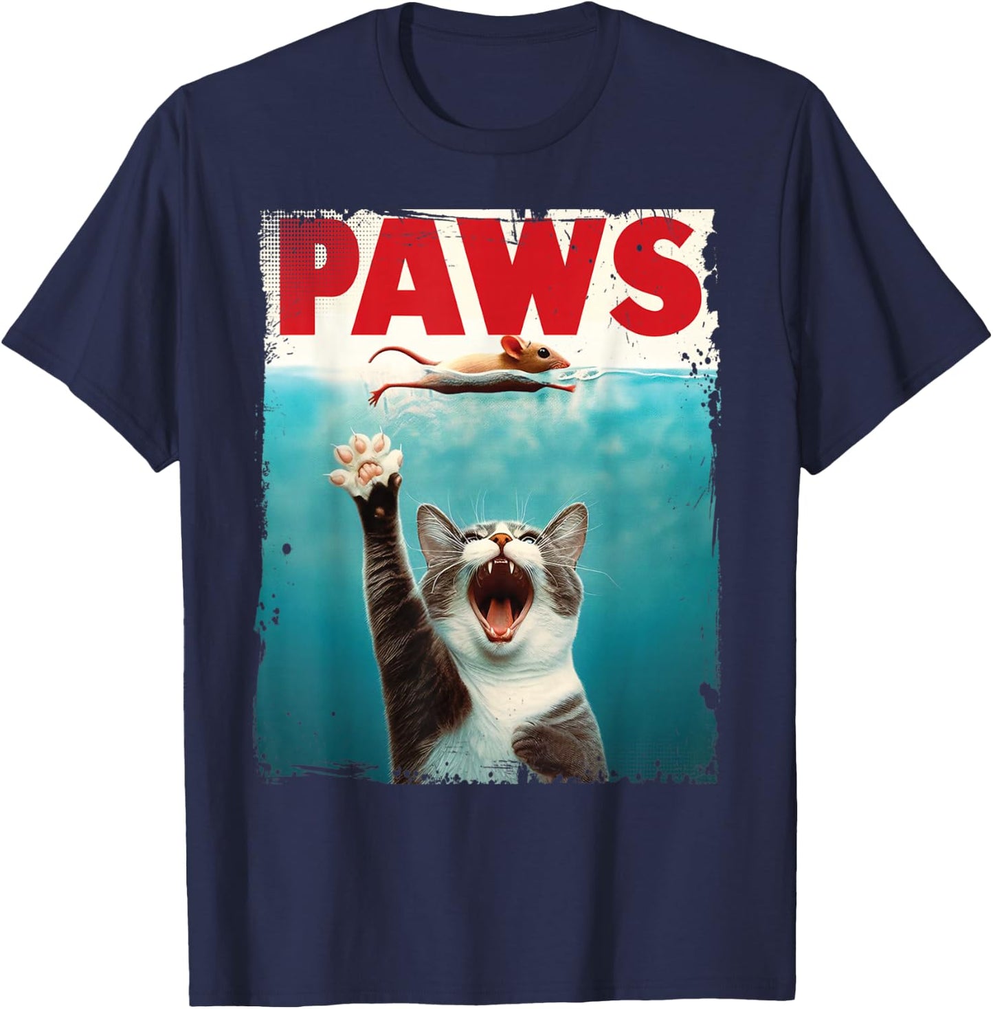 Paws Parody Cat Mouse Humorous Cat Chasing Mouse Kitten T-Shirt - T-Shirt | Navy
