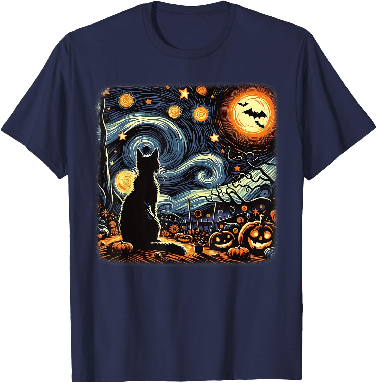 Halloween Black Cat Van Gogh Starry Night Cat Lovers Cat T-Shirt - T-Shirt | Navy