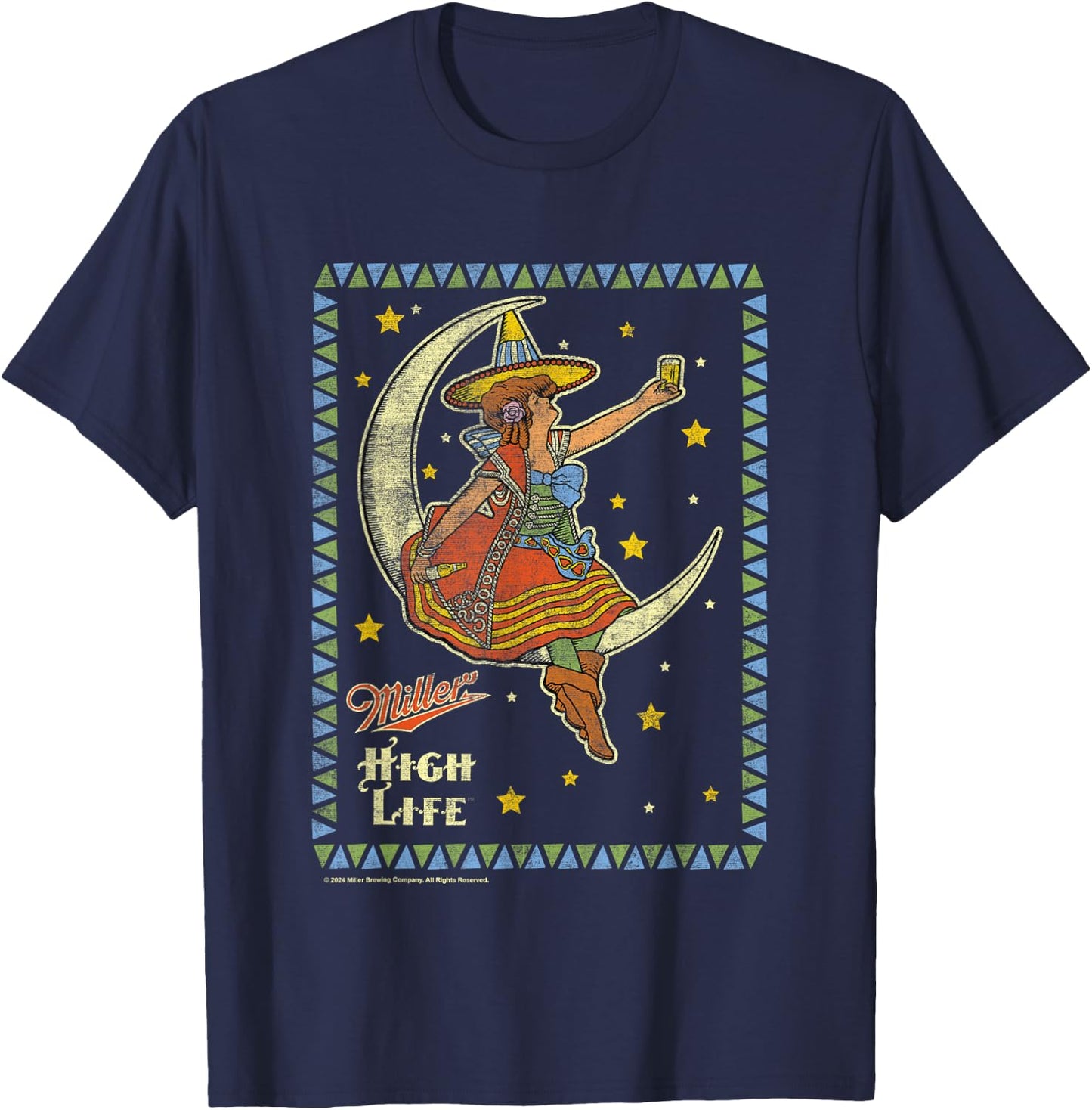 Miller High Life Girl On The Moon Vintage Stamp T-Shirt - T-Shirt | Navy