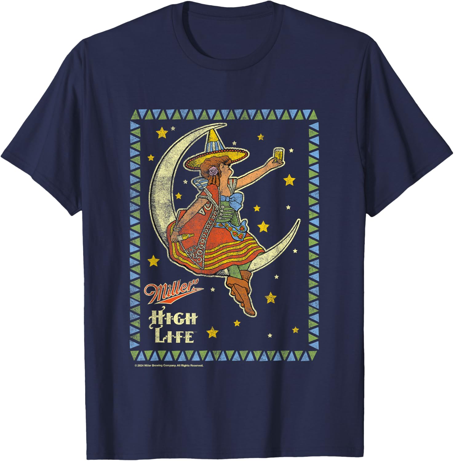 Miller High Life Girl On The Moon Vintage Stamp T-Shirt - T-Shirt | Navy