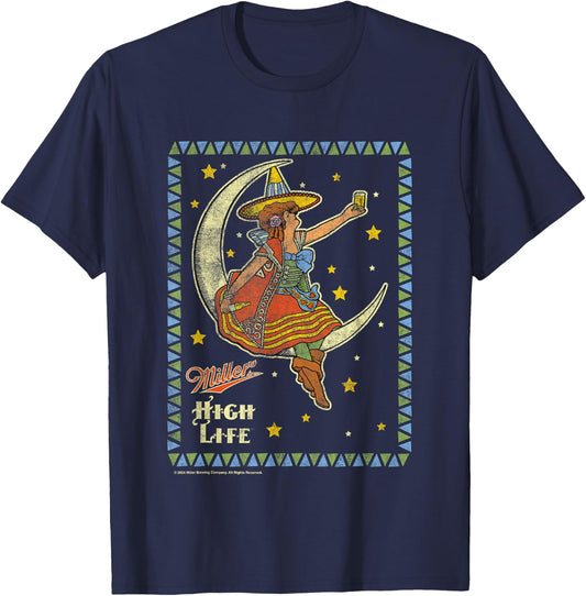 Miller High Life Girl On The Moon Vintage Stamp T-Shirt - T-Shirt | Navy