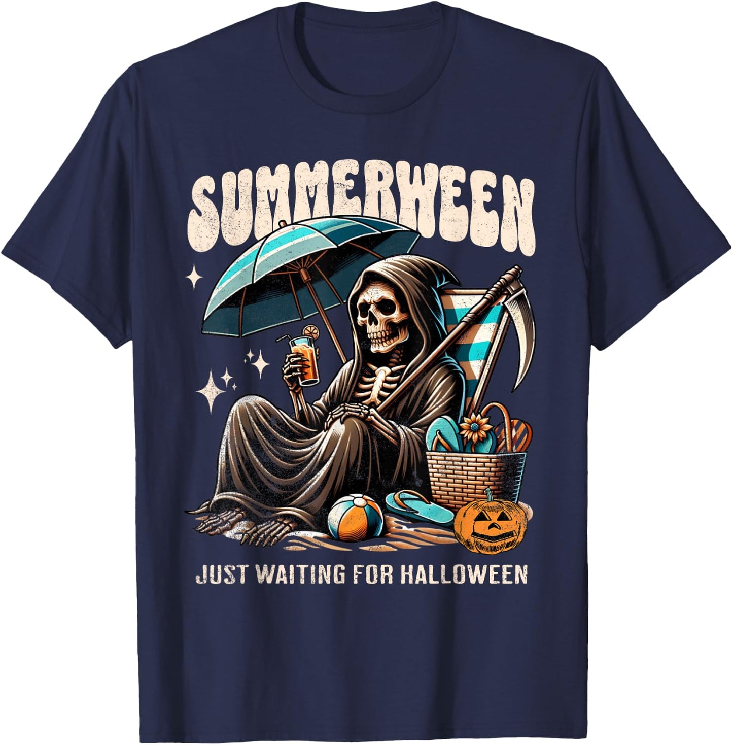 Summerween Grim Reaper Skeleton Summer Vibes Halloween Ghost Men Women Kids T-Shirt - T-Shirt | Navy