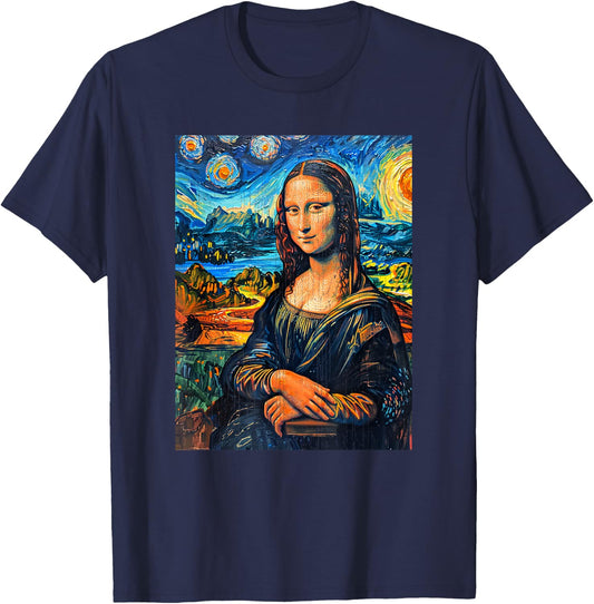 Monalisa Starry Night Painting Funny Men Women Kids T-Shirt - T-Shirt | Navy