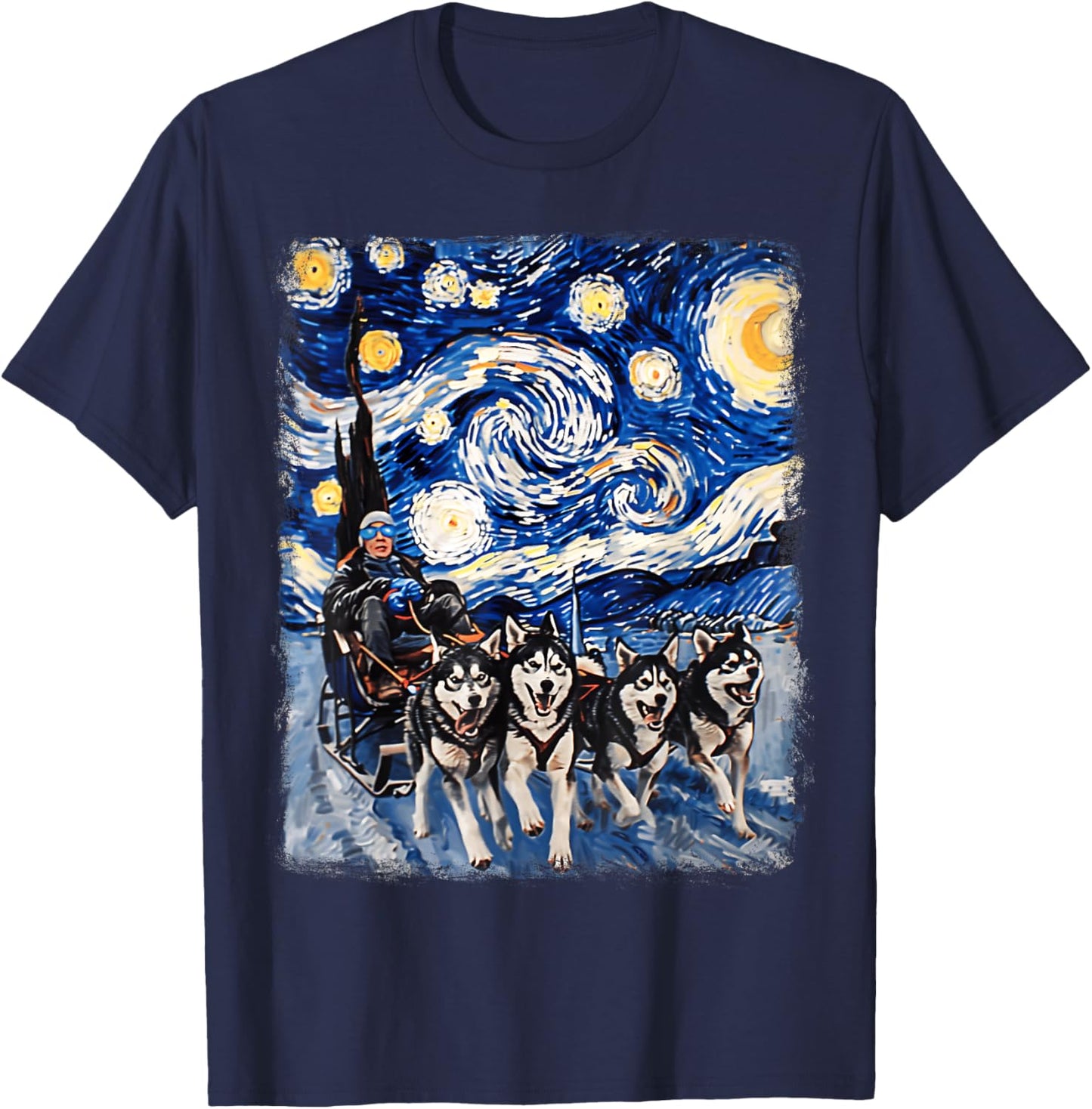 Mushing Sled Dog Siberian Husky Starry Night Painting T-Shirt - T-Shirt | Navy
