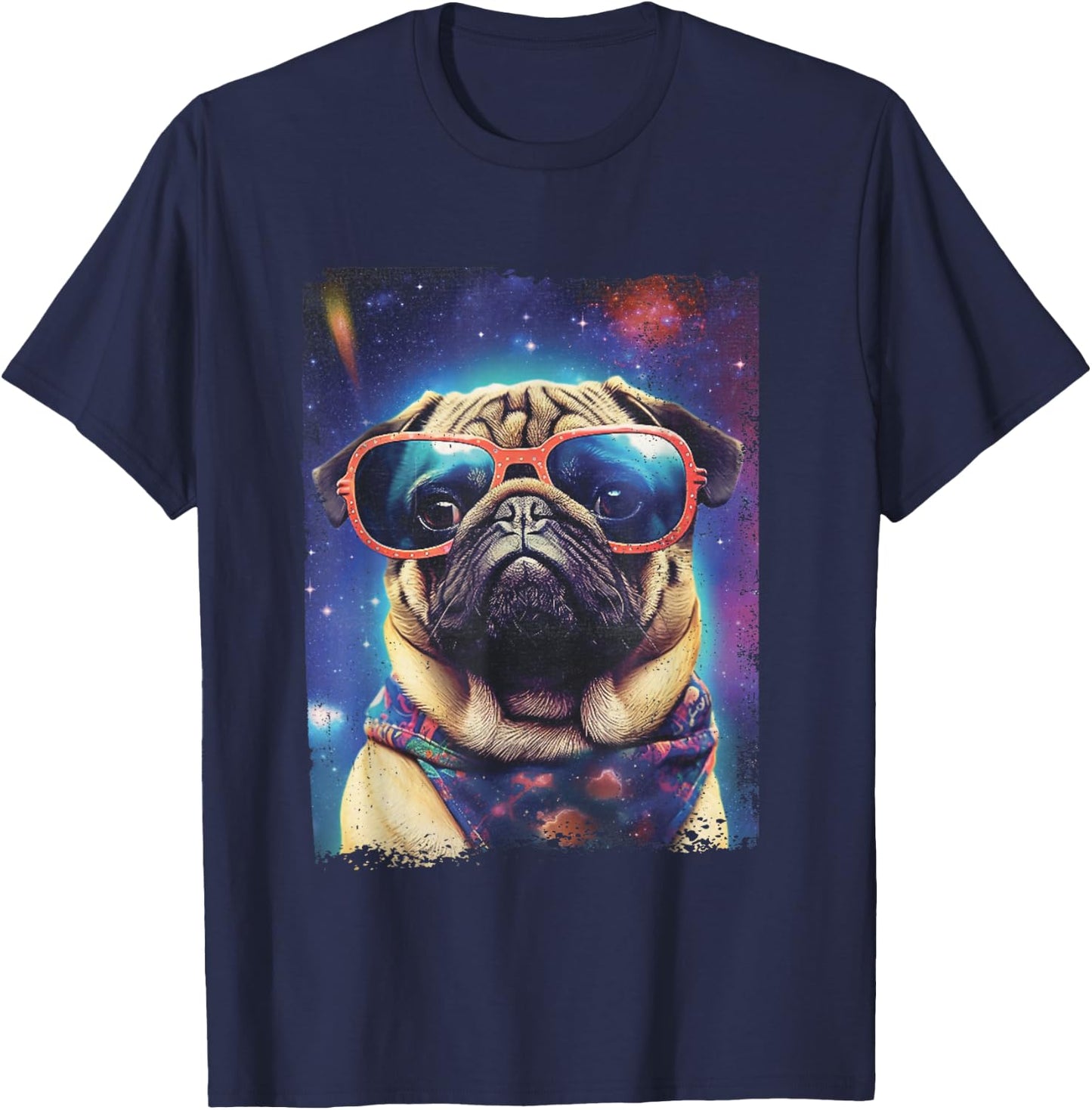Pug in Space Funny Colorful Dog Graphic T-Shirt - T-Shirt | Navy