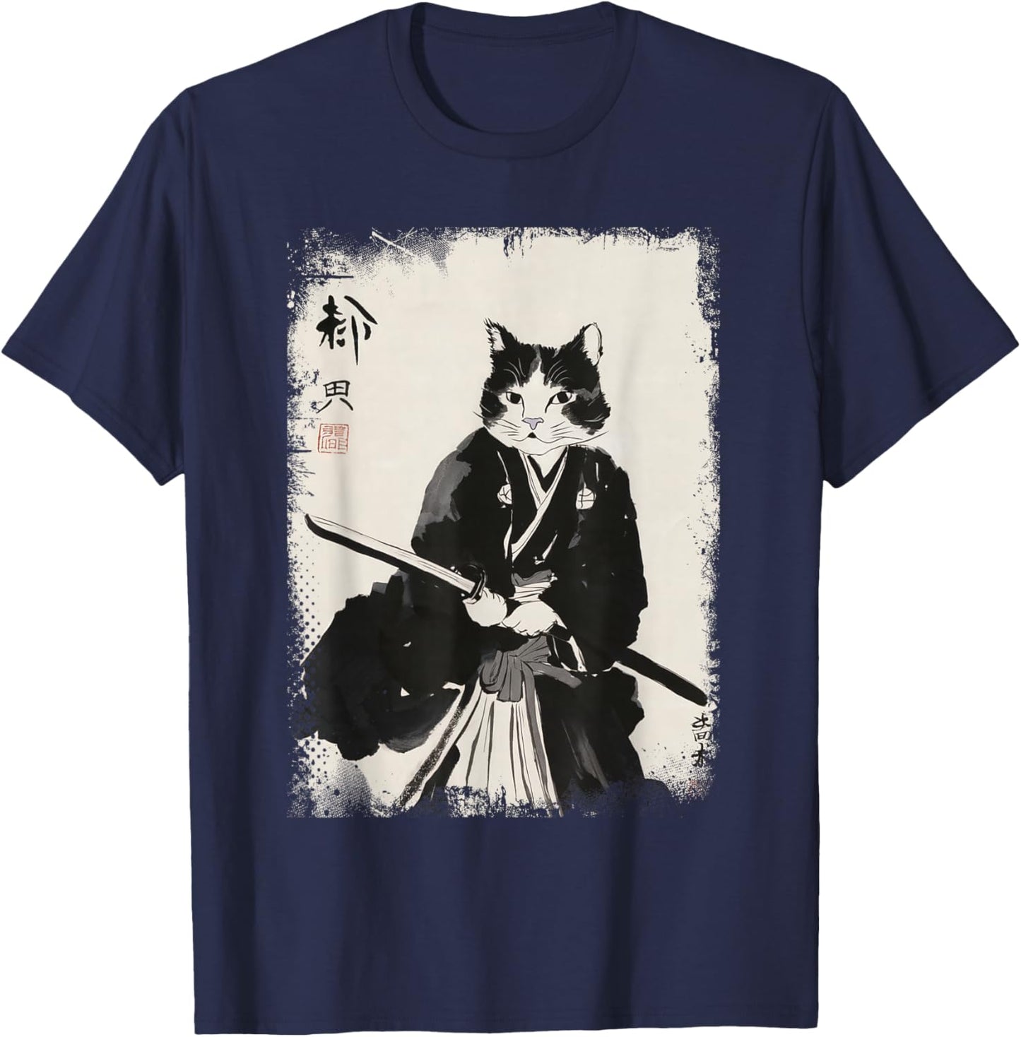 Cat Samurai Warrior Vintage Ukiyo-e Art Japanese Katana T-Shirt - T-Shirt | Navy