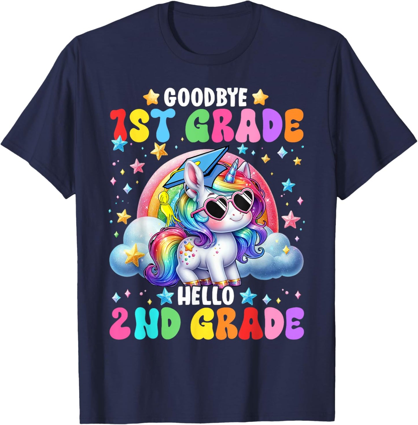 Cute Unicorn Goodbye 1st Grade Hello 2nd Grade Girls Kids T-Shirt - T-Shirt | Navy