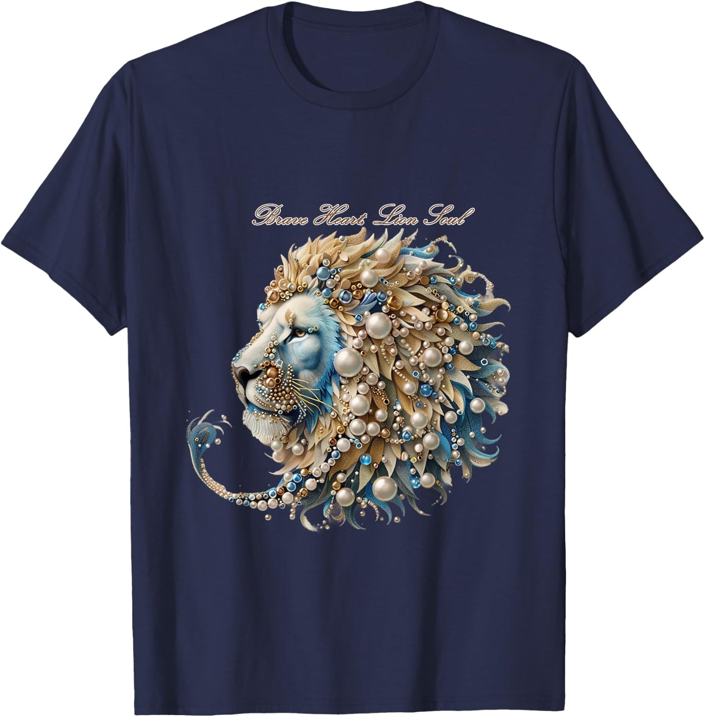 Luxury pearl and gemstone decorated lion design fashionable T-Shirt - T-Shirt | Navy