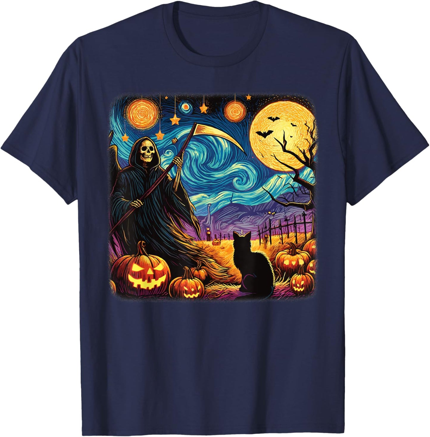 Halloween Van Gogh Starry Night Grim Reaper Pumpkins Cats T-Shirt - T-Shirt | Navy