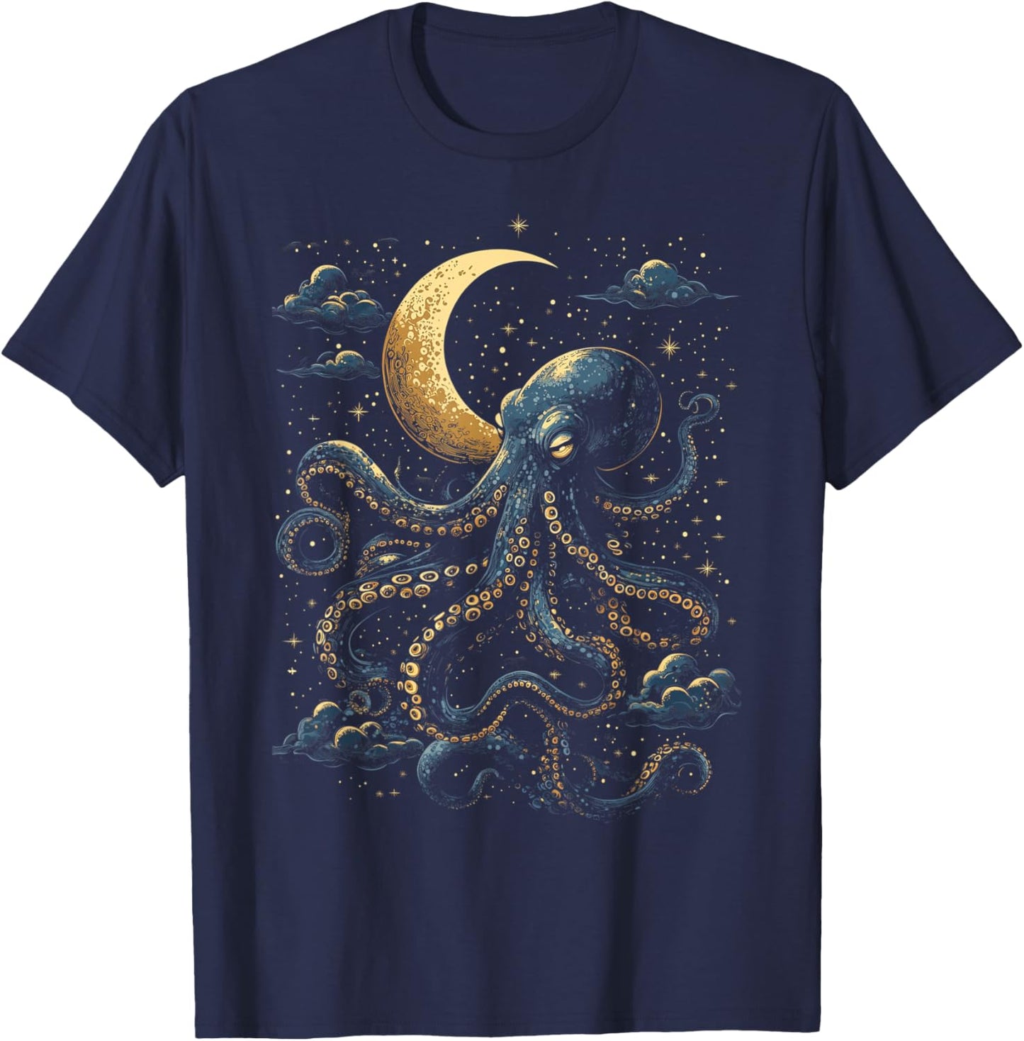 Octopus Celestial Moon Dark Academia Moody Maximalist Ocean T-Shirt - T-Shirt | Navy