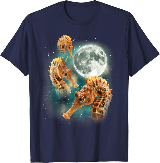 Three Seahorses Moon | 3 Cute Ocean Marine Animal Sea Horse T-Shirt - T-Shirt | Navy