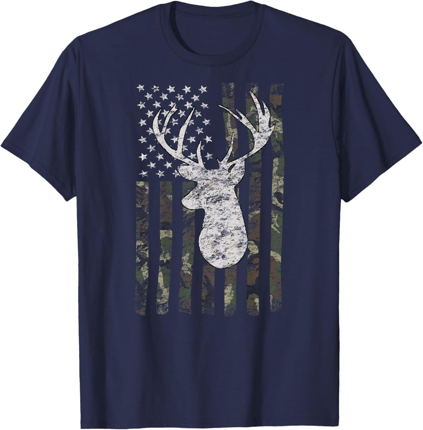 Deer Hunting American Flag Camo Buck Silhouette (on Back) Kids Men T-Shirt - T-Shirt | Navy