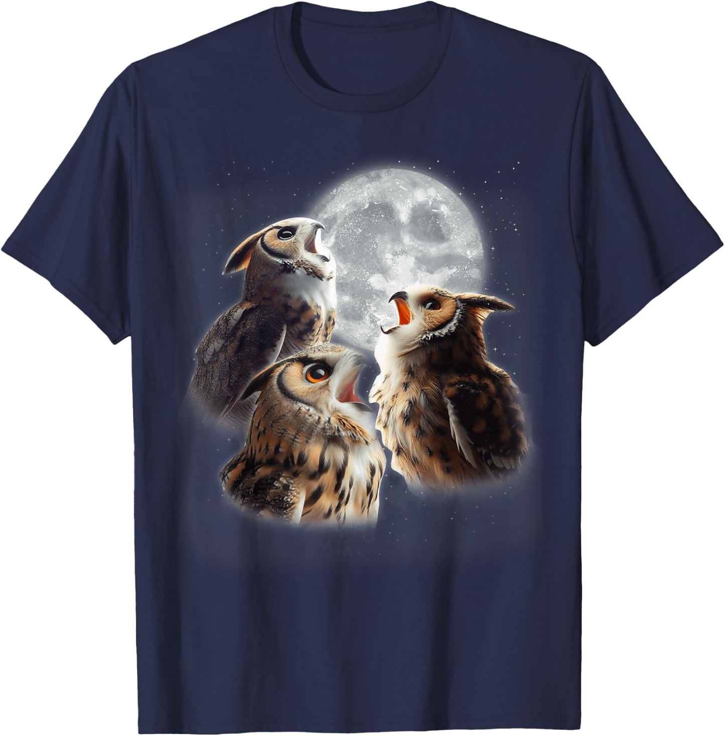3 Owls Howling At The Moon Funny Night Owl Lover Birdwatcher T-Shirt - T-Shirt | Navy