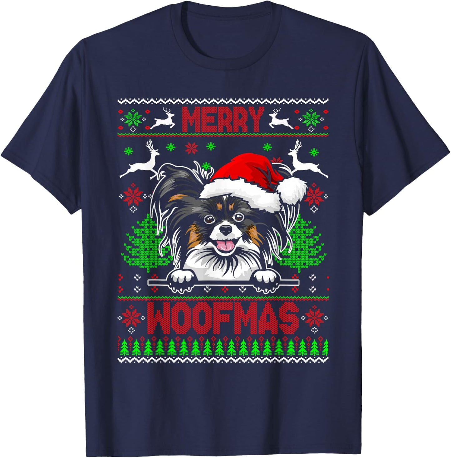 Merry Woofmas Christmas Santa Papillon Sweater T-Shirt - T-Shirt | Navy