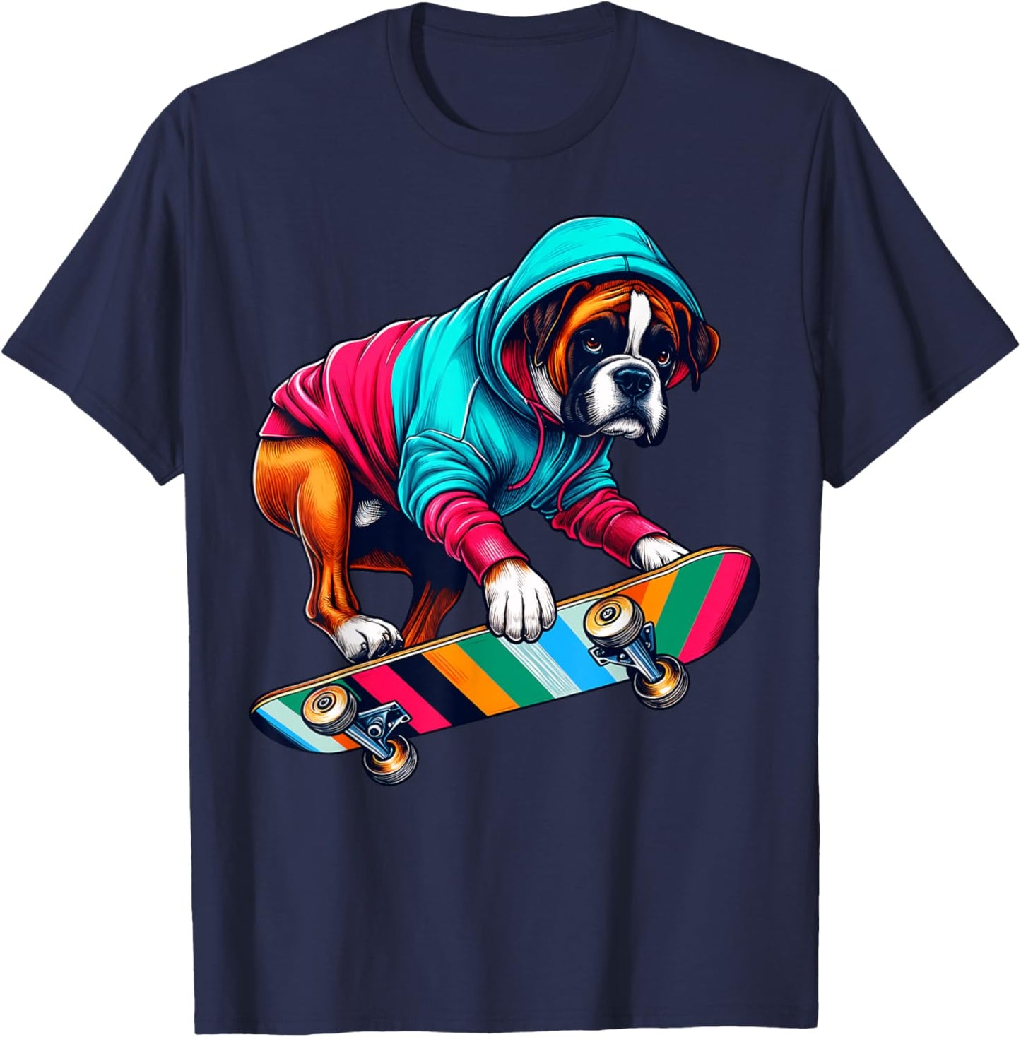 Cool Boxer Dog Skateboarding Illustration Art T-Shirt - T-Shirt | Navy