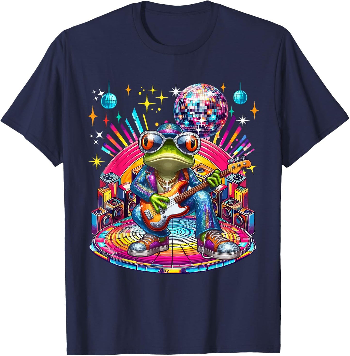 Frog Sunglasses Playing Guitar Colorful Costume Disco T-Shirt - T-Shirt | Navy