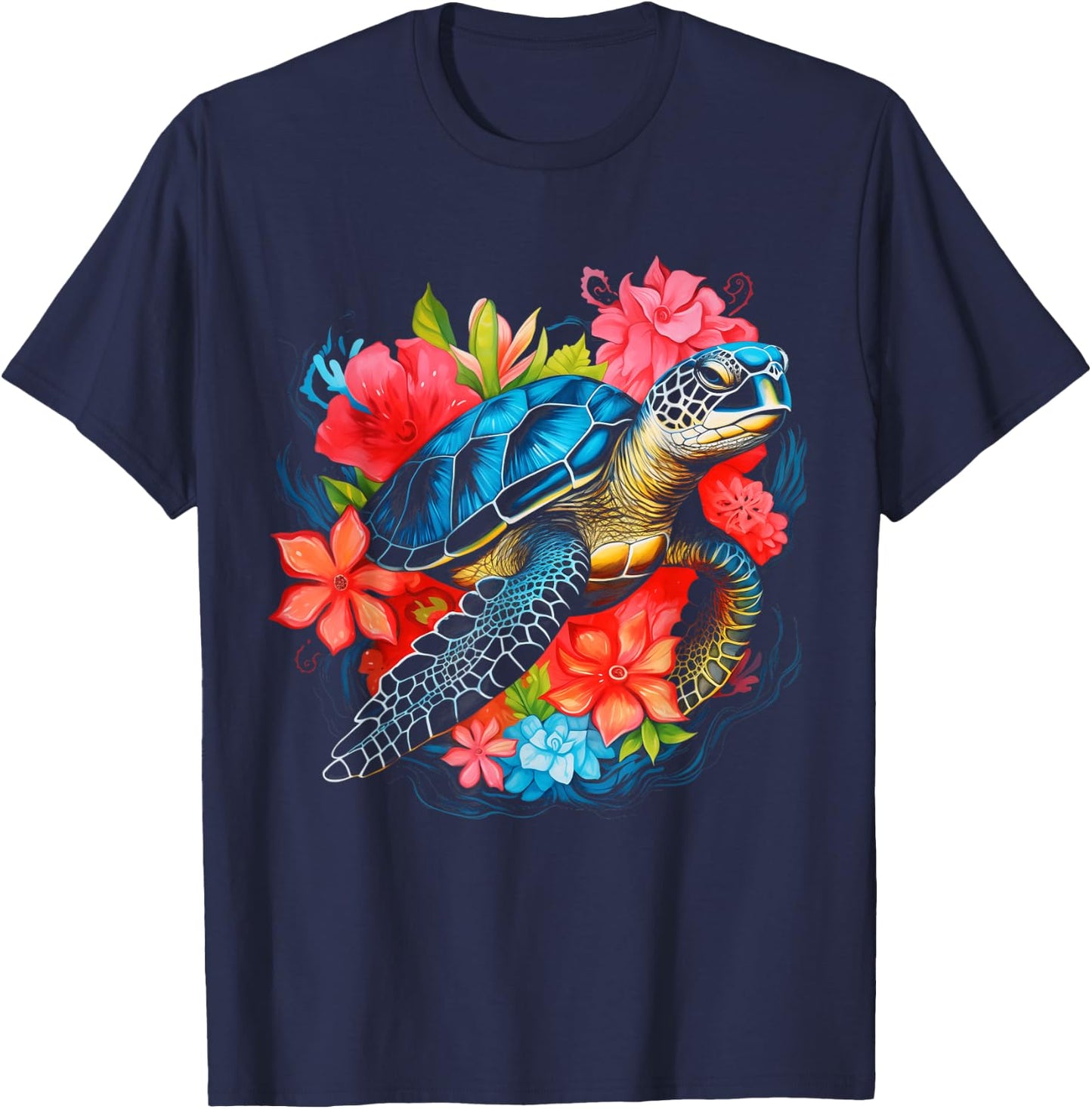 Sea Turtle Hawaiian Flowers Hawaii Scuba Diving Diver T-Shirt - T-Shirt | Navy